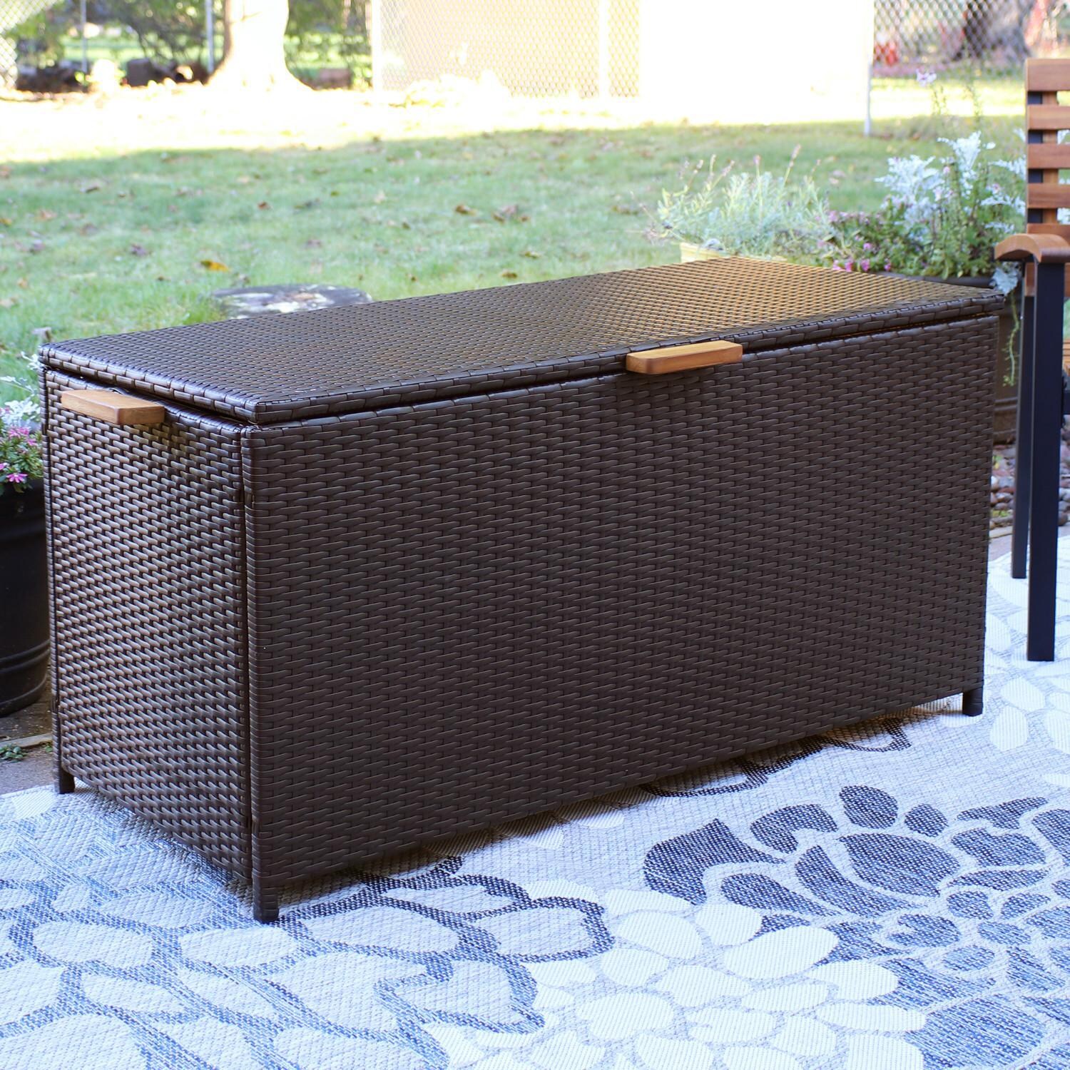 Ultimate Patio 75-Gallon Indoor/Outdoor Resin Wicker Storage Box W/ Acacia Wood Handles - Brown