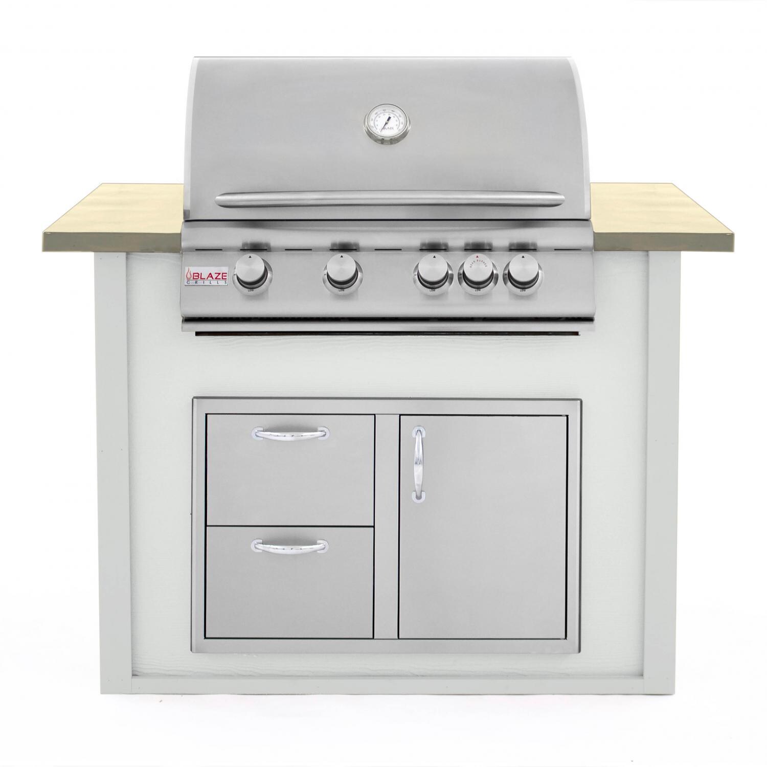 BBQGuys.com 4 Ft BBQ Island With Blaze 32-Inch Natural Gas Grill & Door/Drawer Combo - Gray/Buff - BLZDDCNG-4VP3CGAB thumbnail