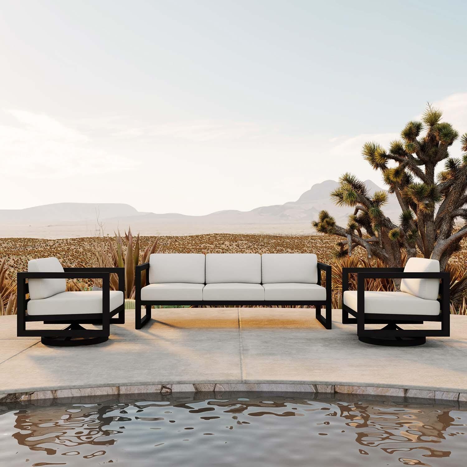 Misty Cove 3 Pc Aluminum Sofa Seating Set w/ Swivel Chairs in Black/Canvas Natural by Lakeview Outdoor Designs