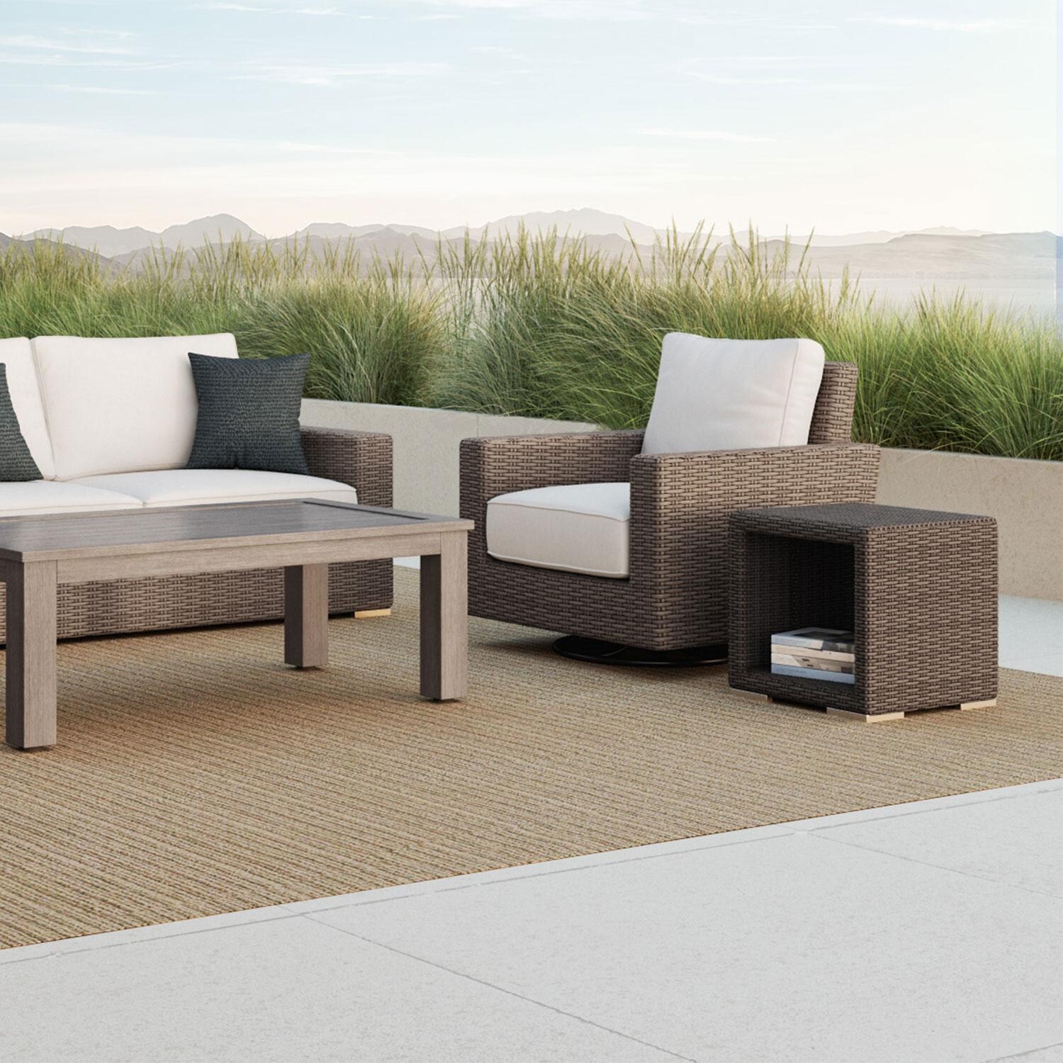 Coronado Wicker Patio Swivel Rocker Club Chair W/ Sunbrella Canvas Flax Cushions By Sunset West - W/ Side Table (Not Included) - Lifestyle thumbnail