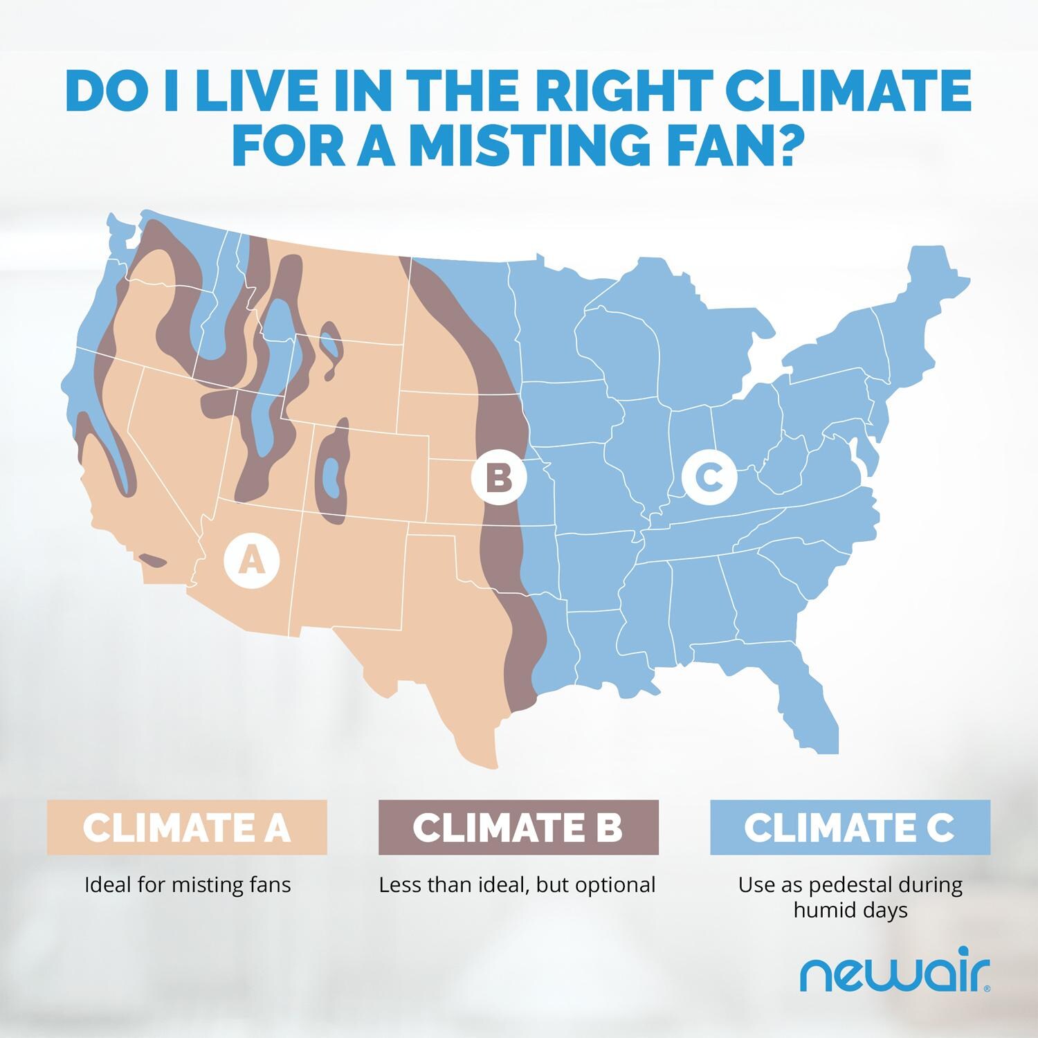 NewAir FMF2K5BK00 18-in Misting & Oscillating Pedestal Fan for Indoor & Outdoor w/ Adjustable Height & Head Tilt - 1600 CFM - Climate Map - Detail thumbnail