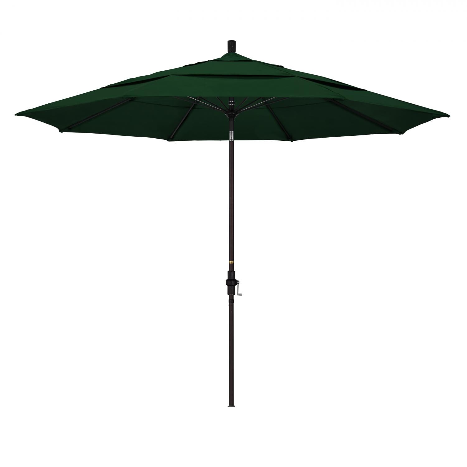 California Umbrella 11 Ft. Octagonal Aluminum Collar Tilt Patio Umbrella W/ Crank Lift & Fiberglass Ribs - Bronze Frame / Olefin Hunter Green Canopy