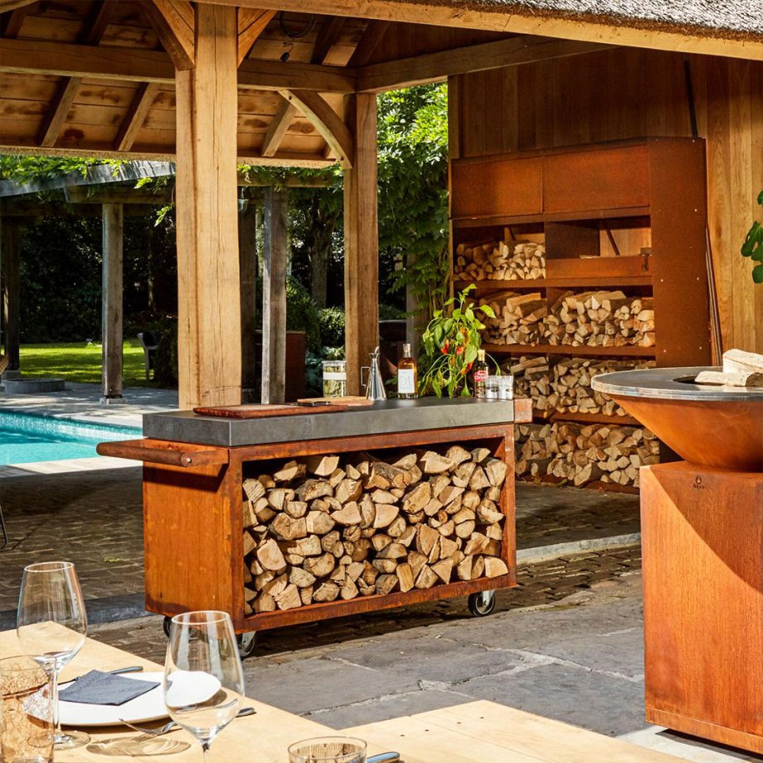 OFYR MP-135-PRO-CD Mise en Place Corten 135 PRO Ceramic Dark Grey 65 Inch Food Prep Station - By The Pool - Lifestyle thumbnail