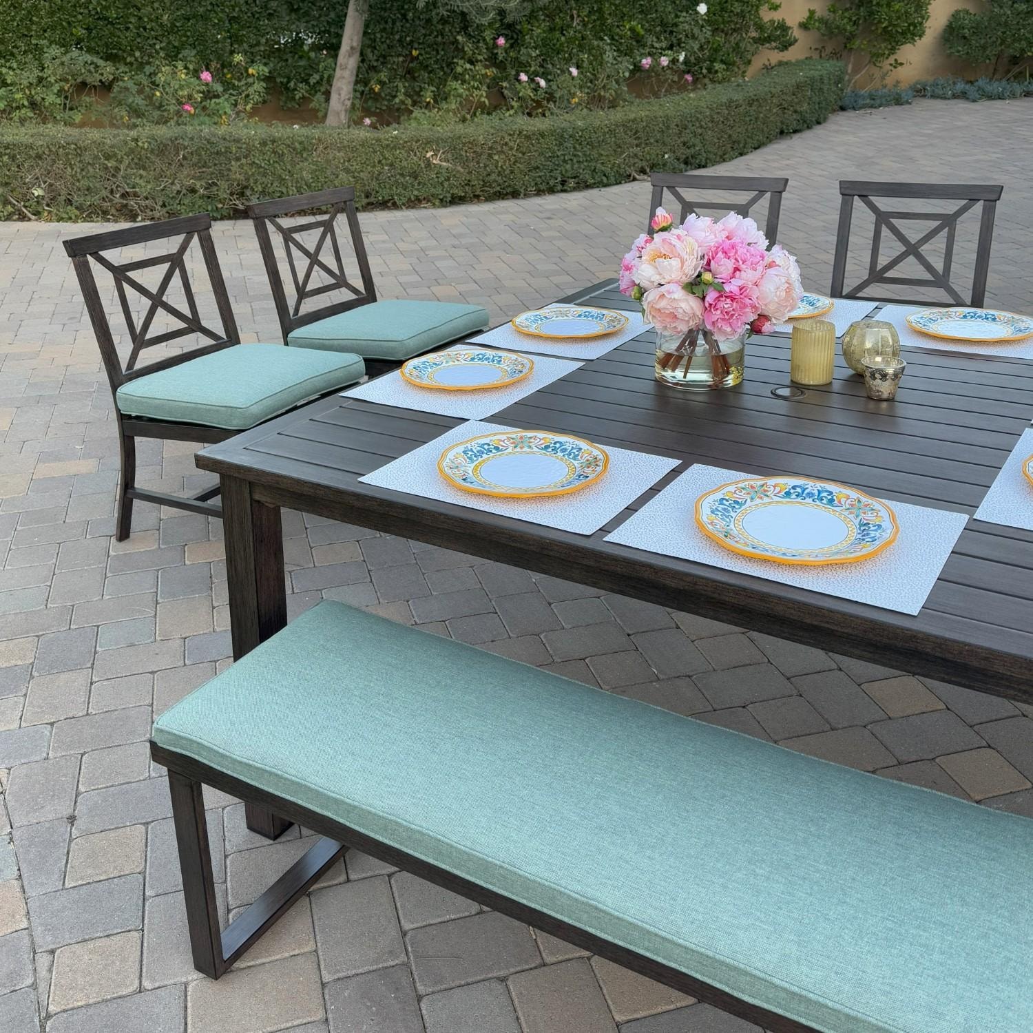 Atlantis 7 Pc Aluminum Dining Set w/ 4 Dining Side Chairs & 2 Two Person Benches in Walnut/Spa by Darlee - Chairs & Bench At Table - Lifestyle thumbnail