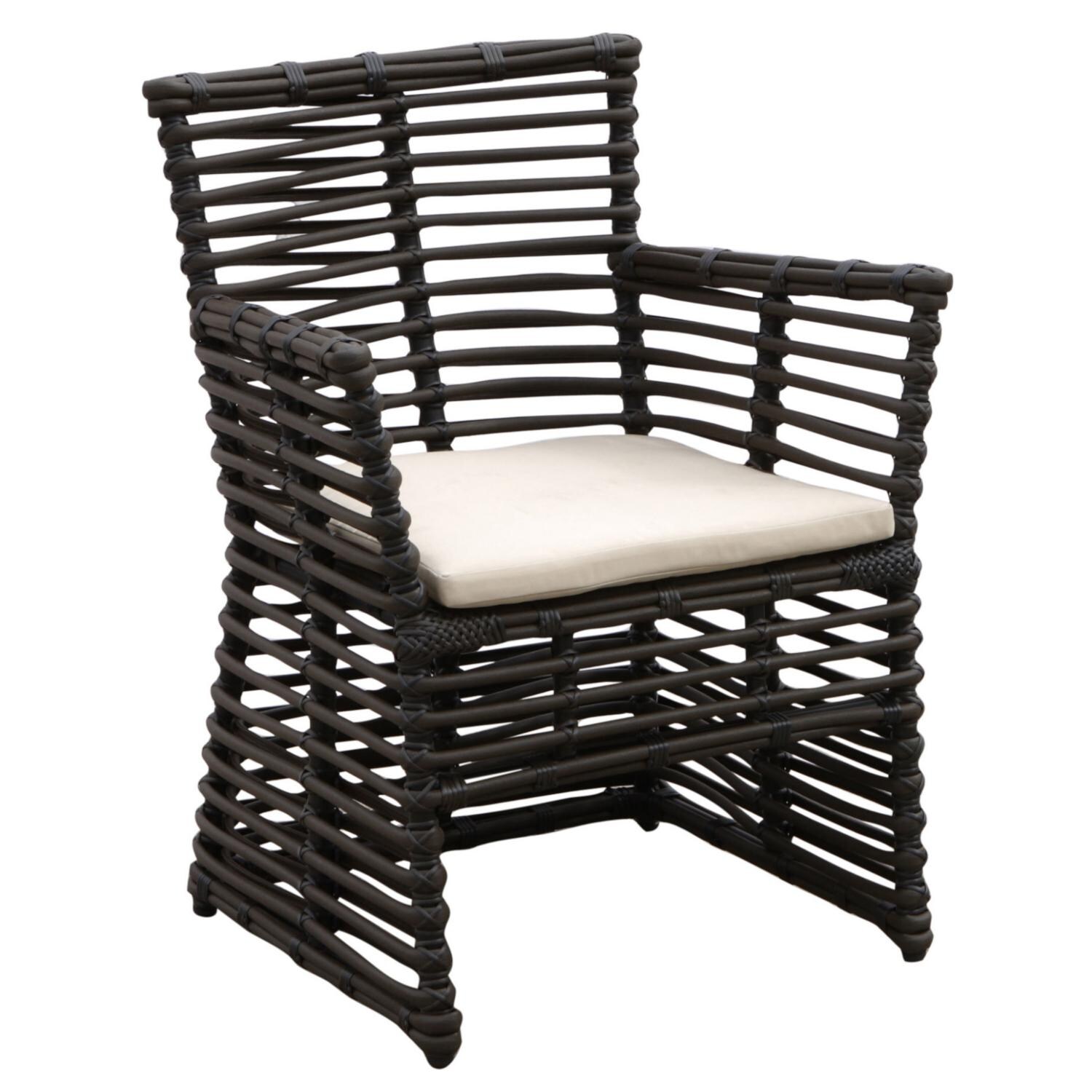 Venice Wicker Patio Dining Arm Chair W/ Sunbrella Canvas Antique Beige Cushion By Sunset West