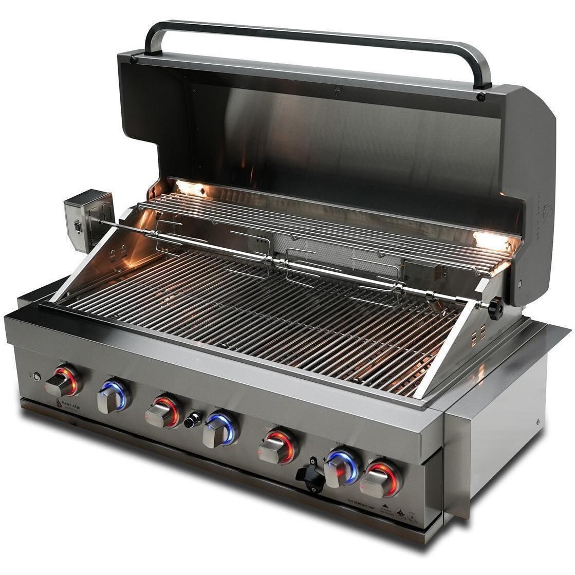 Mont Alpi MA805-AW 6-Burner Stainless Steel Art-Wood Propane Island Grill - Grill Head Lid Open Angled Left - White Background thumbnail