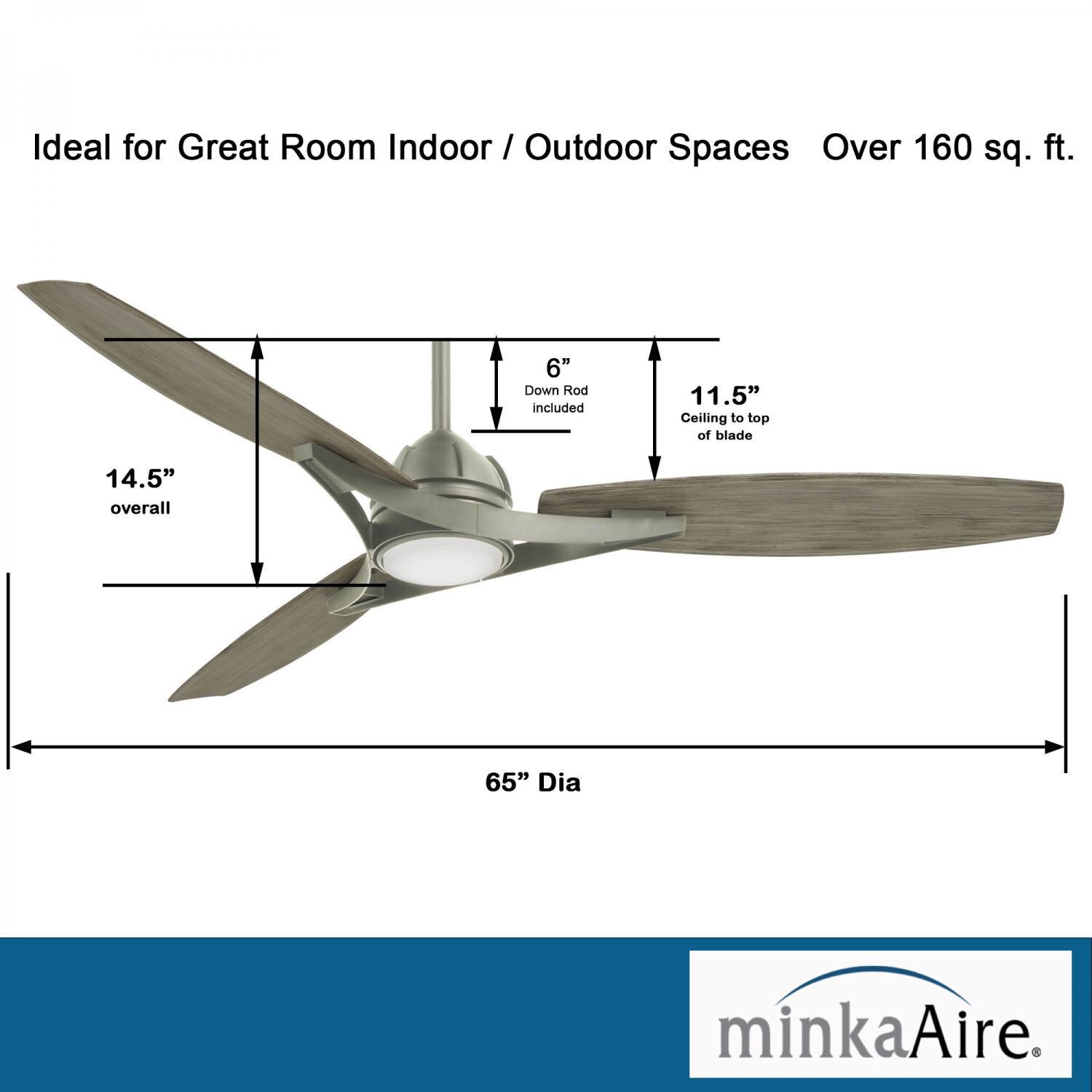 Minka-Aire F742L-BNK Molino 65-Inch 3-Blade LED Smart Ceiling Fan in Burnished Nickel Finish w/ Seashore Grey Blades & Etched White Glass - Dimensions thumbnail