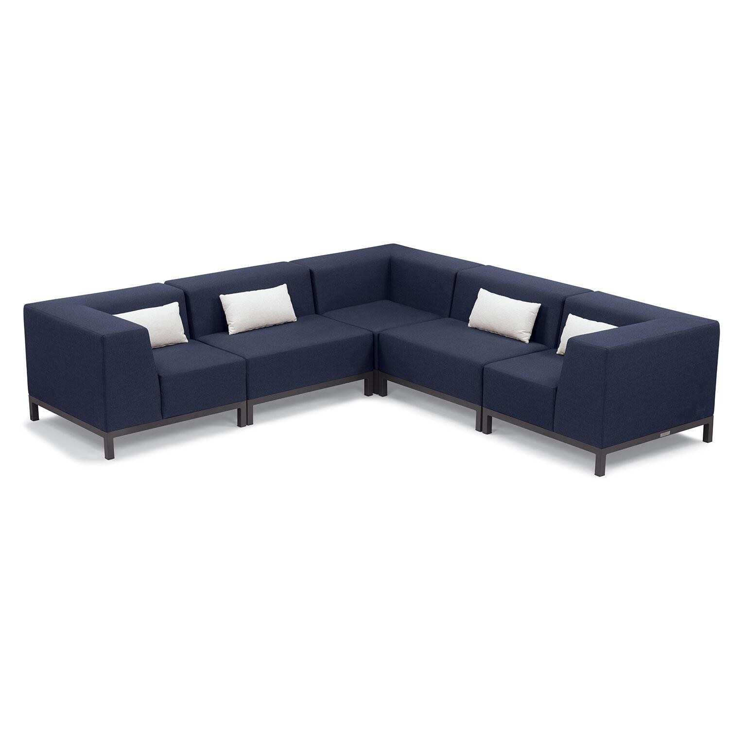 Koral 5 Pc Powder-Coated Aluminum Sectional Seating Set W/ Lumbar Pillows in Spectrum Indigo/Carbo By Oxford Garden - White Background thumbnail