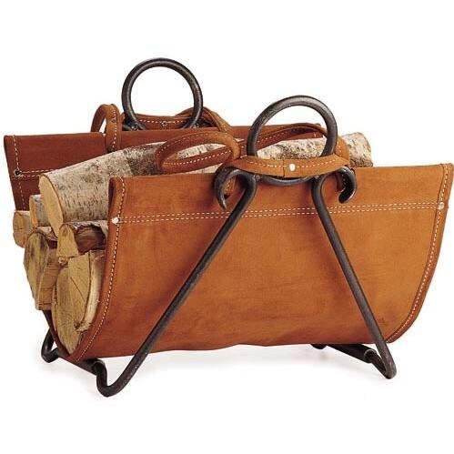 Vintage Iron Log Carrier And Holder - Brown Suede