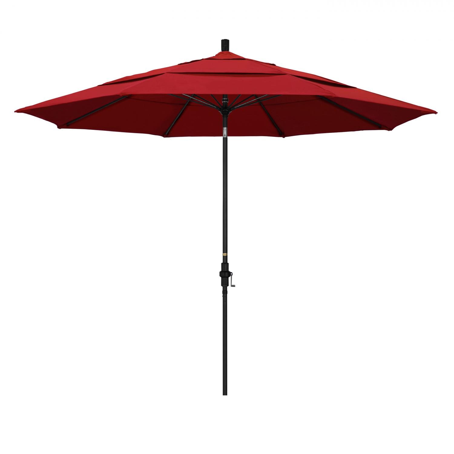 California Umbrella 11 Ft. Octagonal Aluminum Collar Tilt Patio Umbrella W/ Crank Lift & Fiberglass Ribs - Matted Black Frame / Sunbrella Canvas Jockey Red Canopy