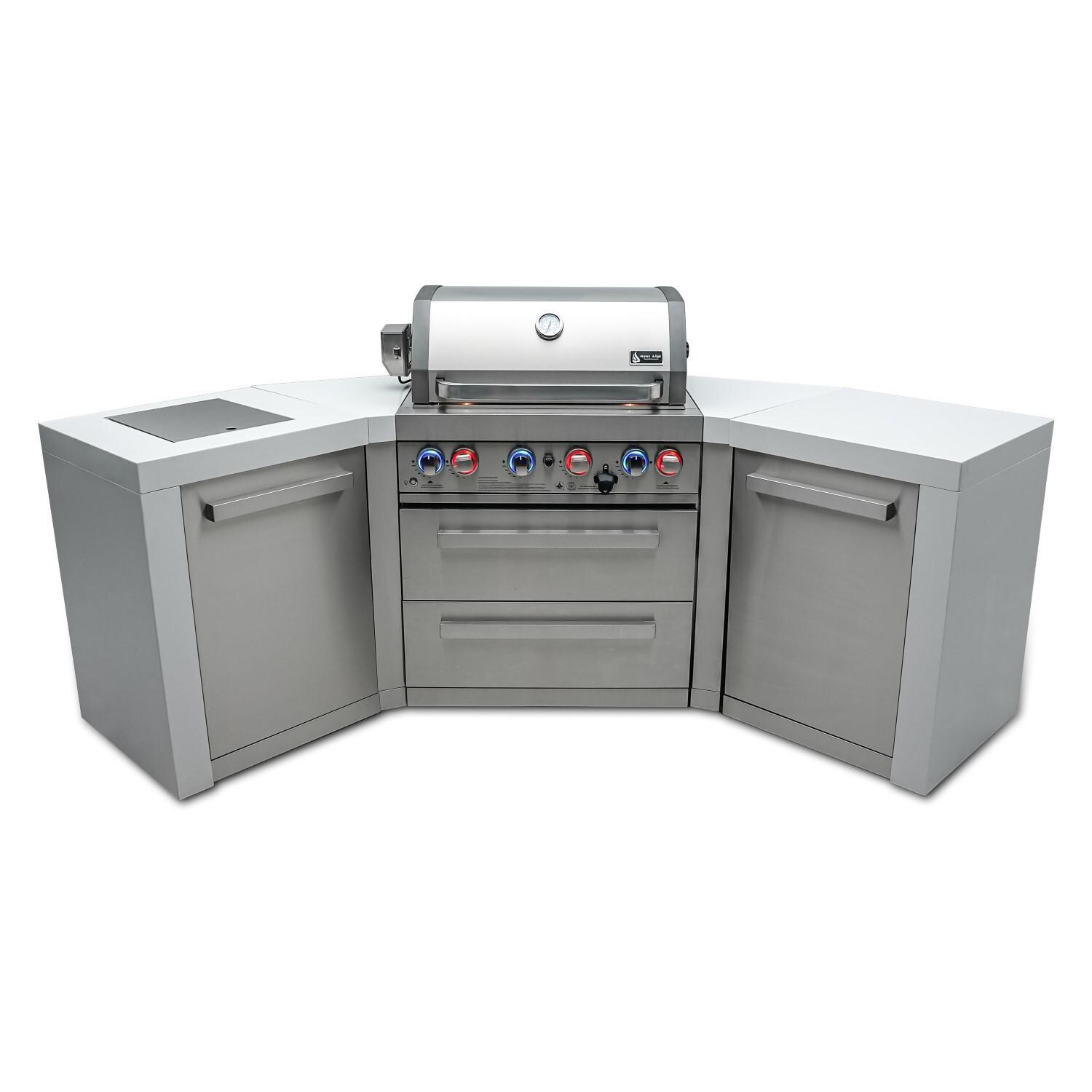 Mont Alpi - MAi400-D45 - Deluxe 45 Degree Propane Gas Island Grill W/ Infrared Side Burner & Rotisserie Kit - Closed With Burners On Front - White Background