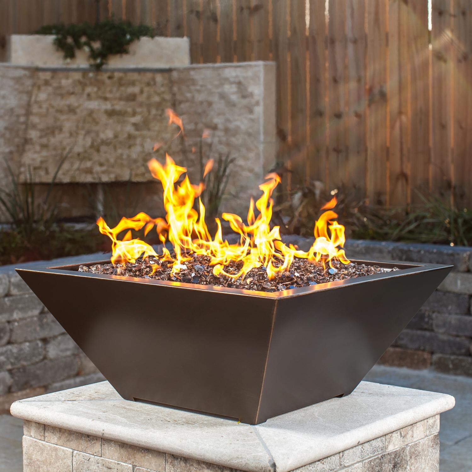 BBQGuys Signature Westfalen 24-Inch Square High-Rise Natural Gas Column Fire Bowl - Oil Rubbed Bronze