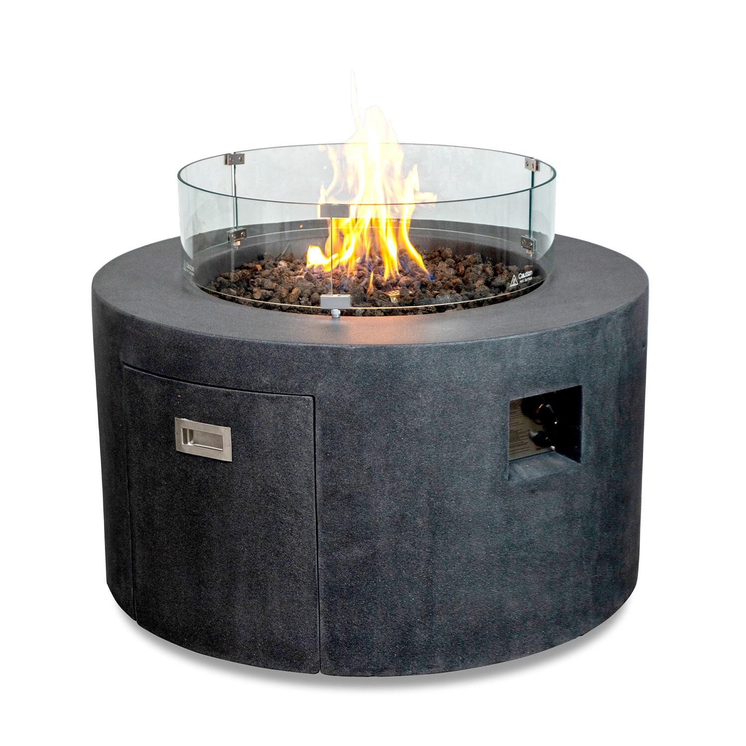 Glenwood 42-in Round Concrete Propane Fire Pit w/ Push Button Ignition in Graphite by Lakeview Outdoor Designs - Glass Wind Guard - On - White Background thumbnail