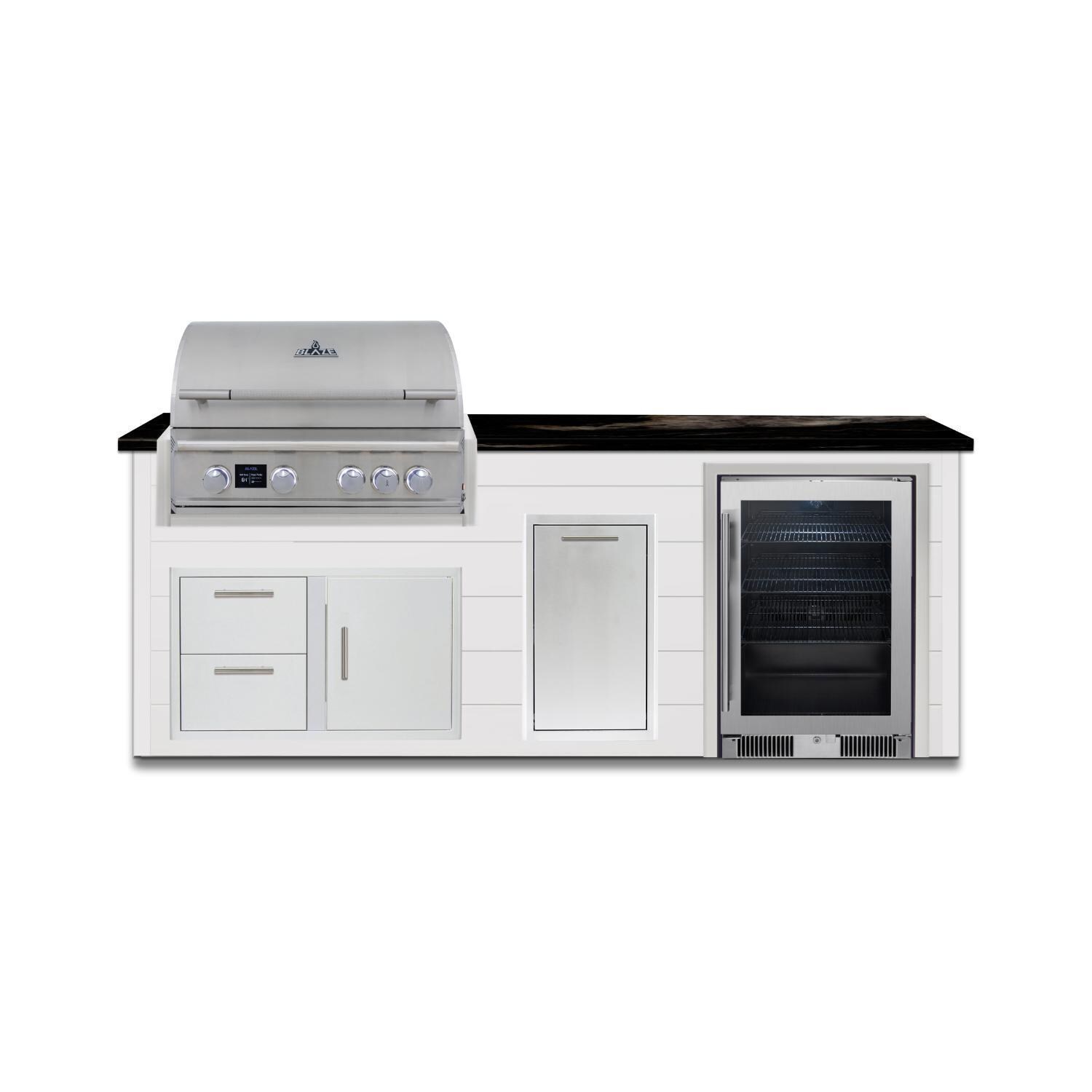 BBQGuys Signature 8 Ft Outdoor Kitchen Island w/ 32-in Propane Blaze LTE PRO Grill, Beverage Center & Narrow Trash Bin | Crystal White w/ Nero Mist Granite