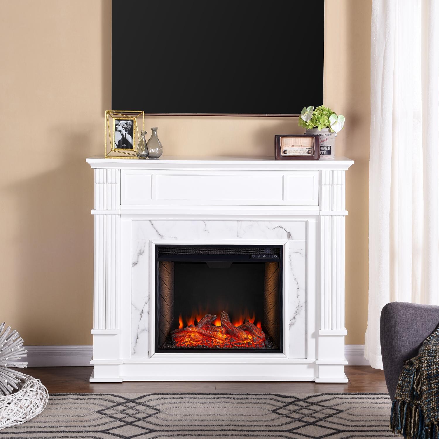 Southern Enterprises FS9322 Highgate 48-Inch Electric Fireplace W/ Alexa-Enabled Smart Firebox - White thumbnail