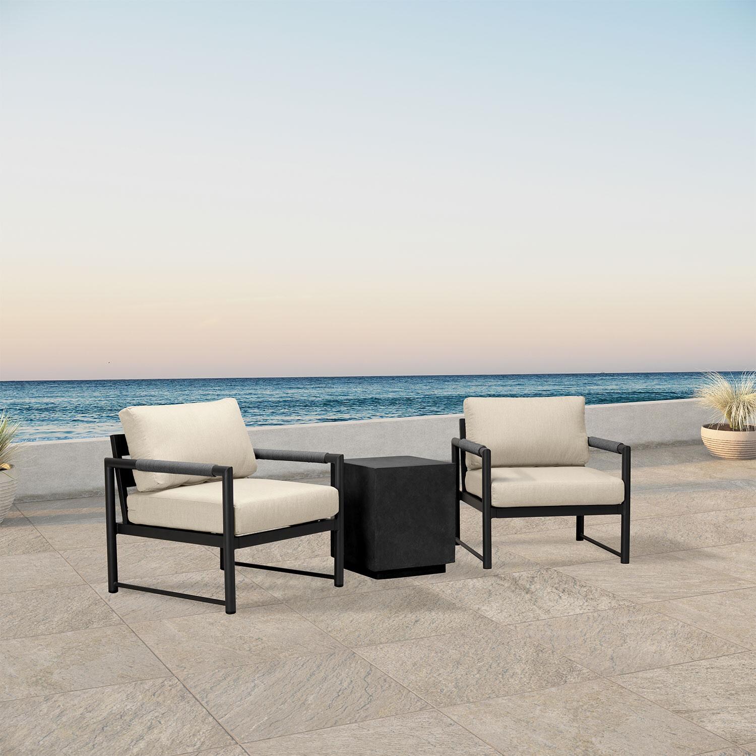 Lakeview AVEBAY-BK-CO-SET104-CF Avenue Bay Black/Carbon 3 Pc Chat Set - Canvas Flax - Angled On Patio - Lifestyle thumbnail