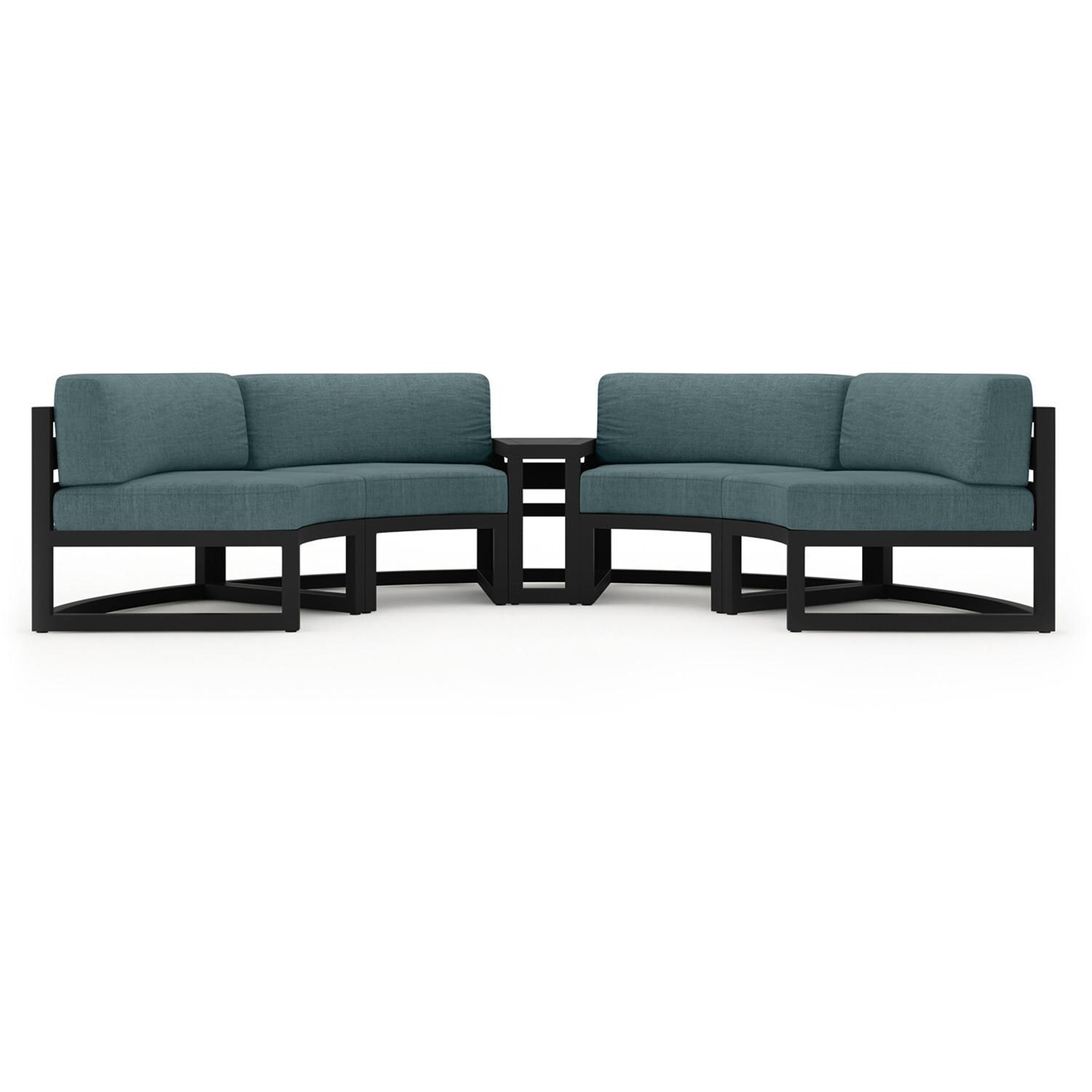 Lakeview MSTYCV-BK-3CSEC-CL Misty Cove 3 Pc Aluminum Curve Sectional Set in Black w/Wedge End Table & Cast Lagoon Cushions by Lakeview Outdoor Designs - Set Front View - White Background thumbnail