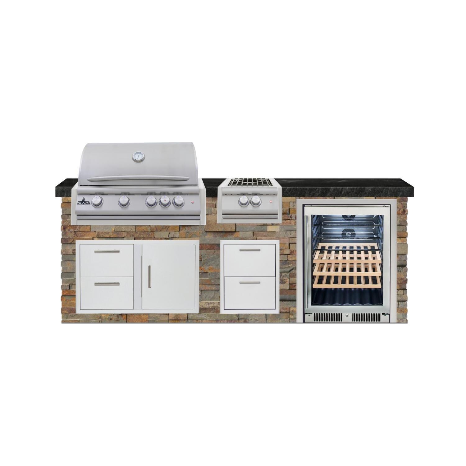 BBQGuys Signature 8 Ft Grill Island w/ 32-in Natural Gas Blaze LTE+ Grill Power Burner, Beverage Center, Narrow Trash Bin & Door & Drawer | Gold Rush w/ Black Granite - Front - White Background thumbnail