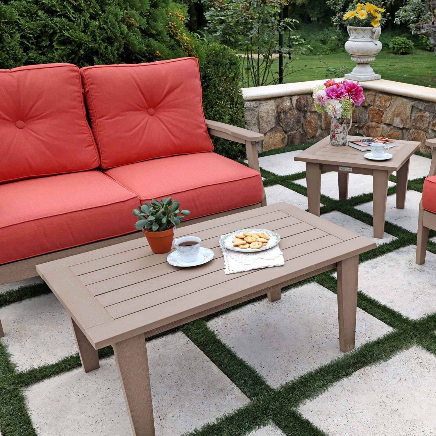 Blushing Bay 4 Pc Recycled Plastic Seating Set in Canvas Persimmon/Woodland Brown by Lakeview Outdoor Designs - Close Up - Lifestyle thumbnail