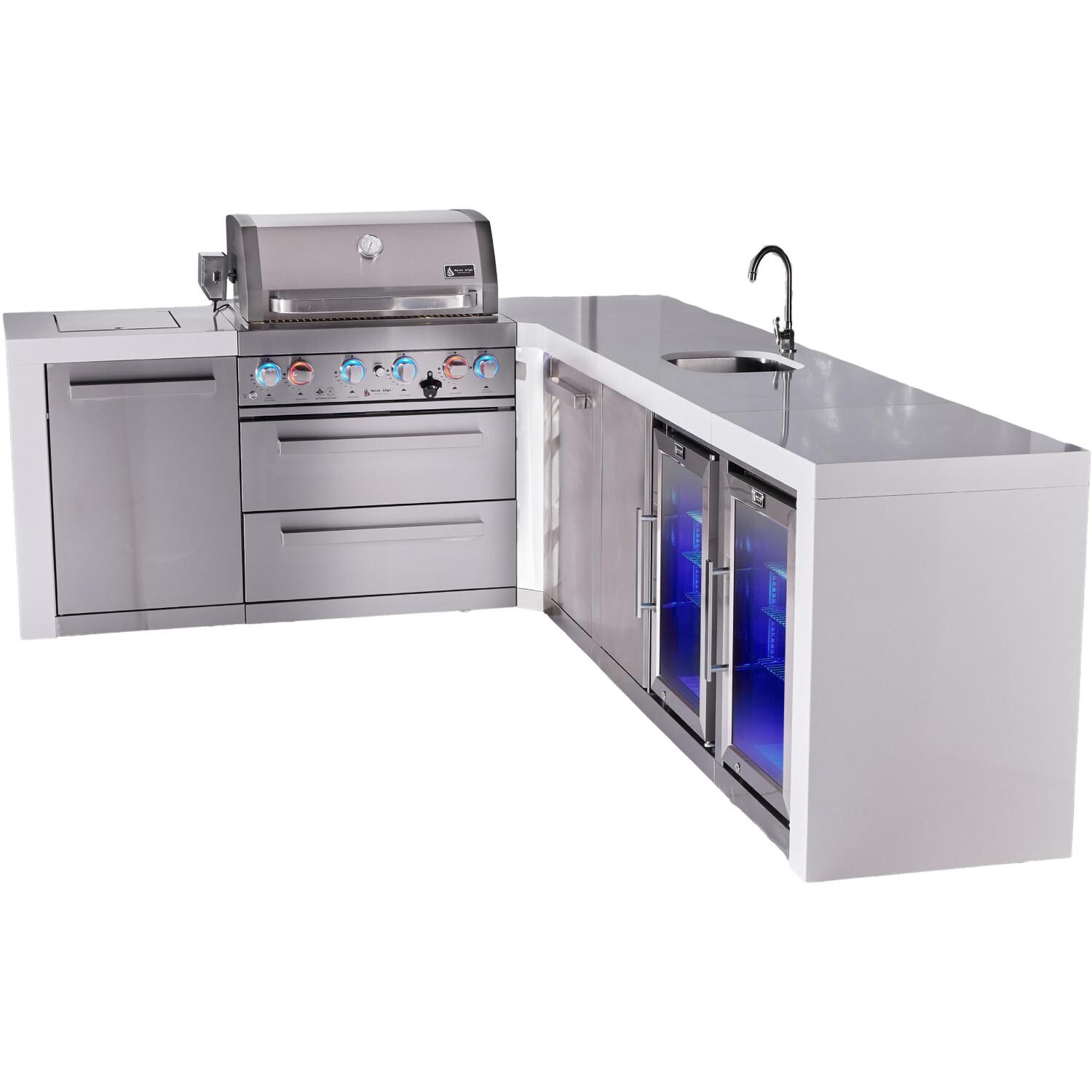 Mont Alpi Deluxe Series 9 1/2 Ft Propane Outdoor Kitchen Island w/ 32-in Grill, Side Burner, Beverage Center, Fridge & Extra Door - MAi400-D90BEVFCXL - Angled Right - White Background thumbnail