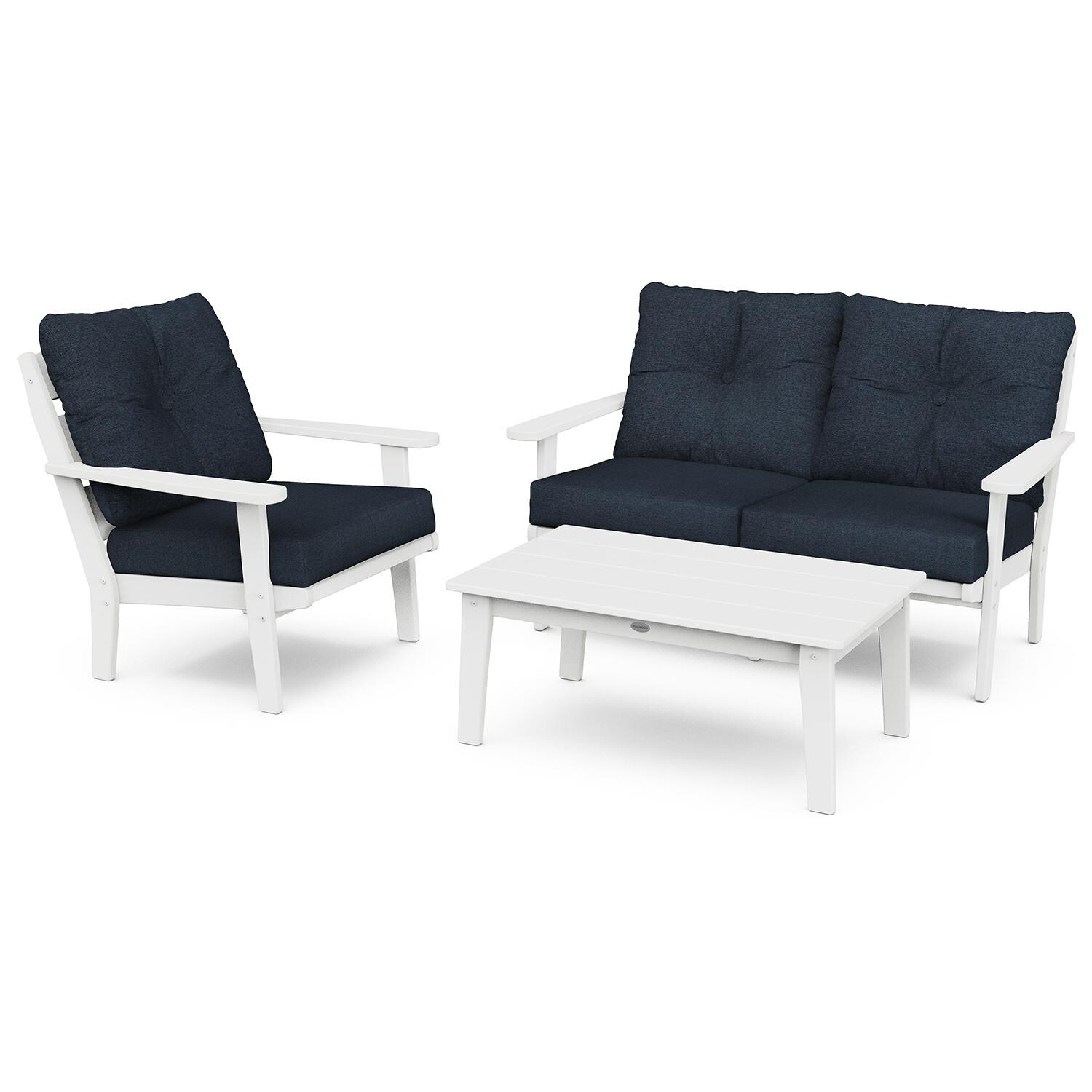 Lakeside 3 Pc Recycled Plastic Loveseat Seating Set in White/Marine Indigo by POLYWOOD