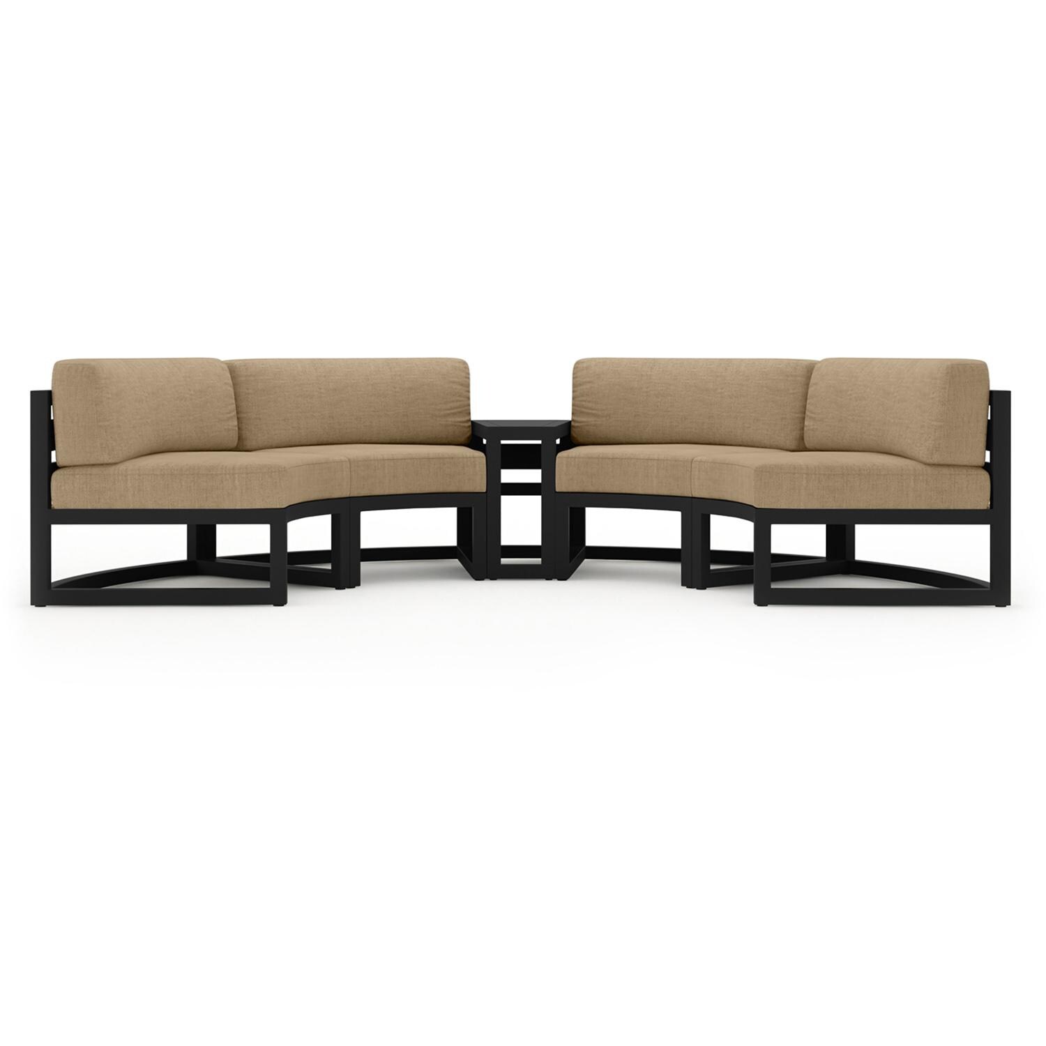 Lakeview MSTYCV-BK-3CSEC-HB Misty Cove 3 Pc Aluminum Curve Sectional Set in Black w/Wedge End Table & Heather Beige Cushions by Lakeview Outdoor Designs - Set Front View - White Background thumbnail