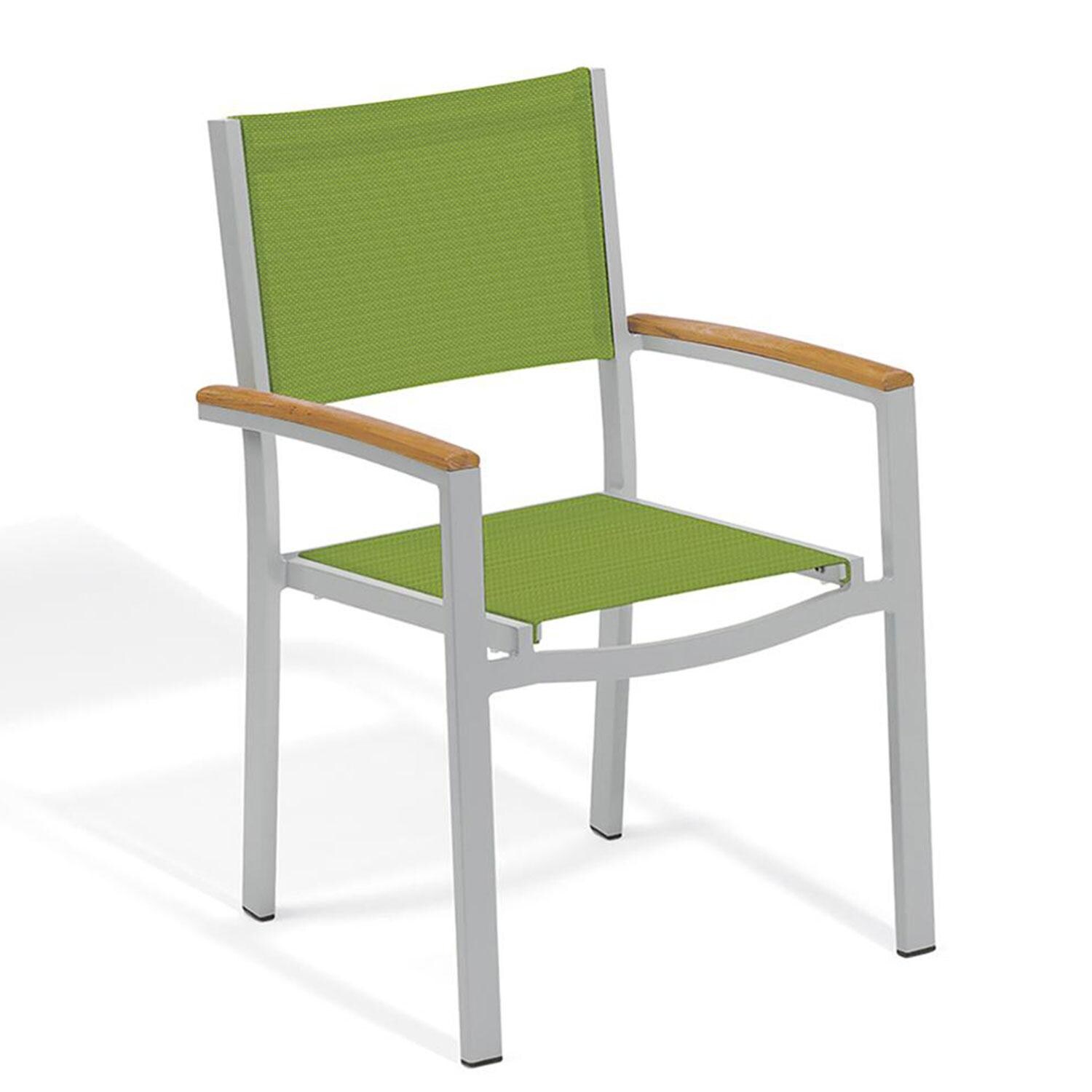 Oxford Garden Travira 6 Piece Flint Aluminum Patio Dining Set - Go Green Sling Armchair w/ Natural Tekwood Arms thumbnail