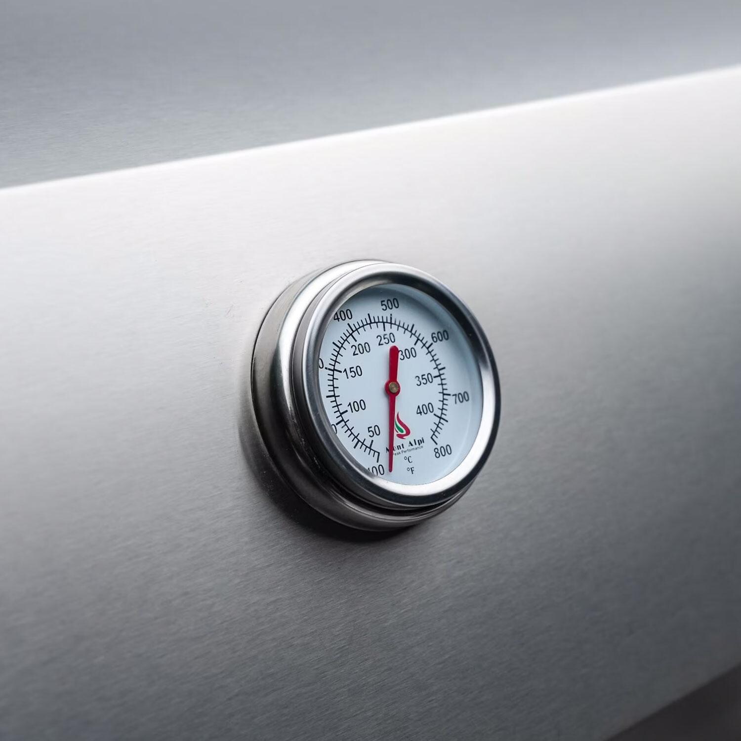 Mont Alpi Black Series 10 Ft Propane Outdoor Kitchen Island w/ Side Burner & Refrigerator - Temperature Gauge - Shown in Stainless Steel - Detail thumbnail