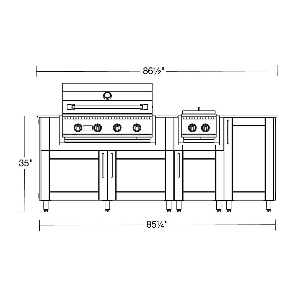 WeatherStrong Abaco 7 Ft Outdoor Kitchen Island w/ Blaze Propane Grill & Side Burner in Dark Ash/Glacier Frost - Line Drawing - Dimensional thumbnail