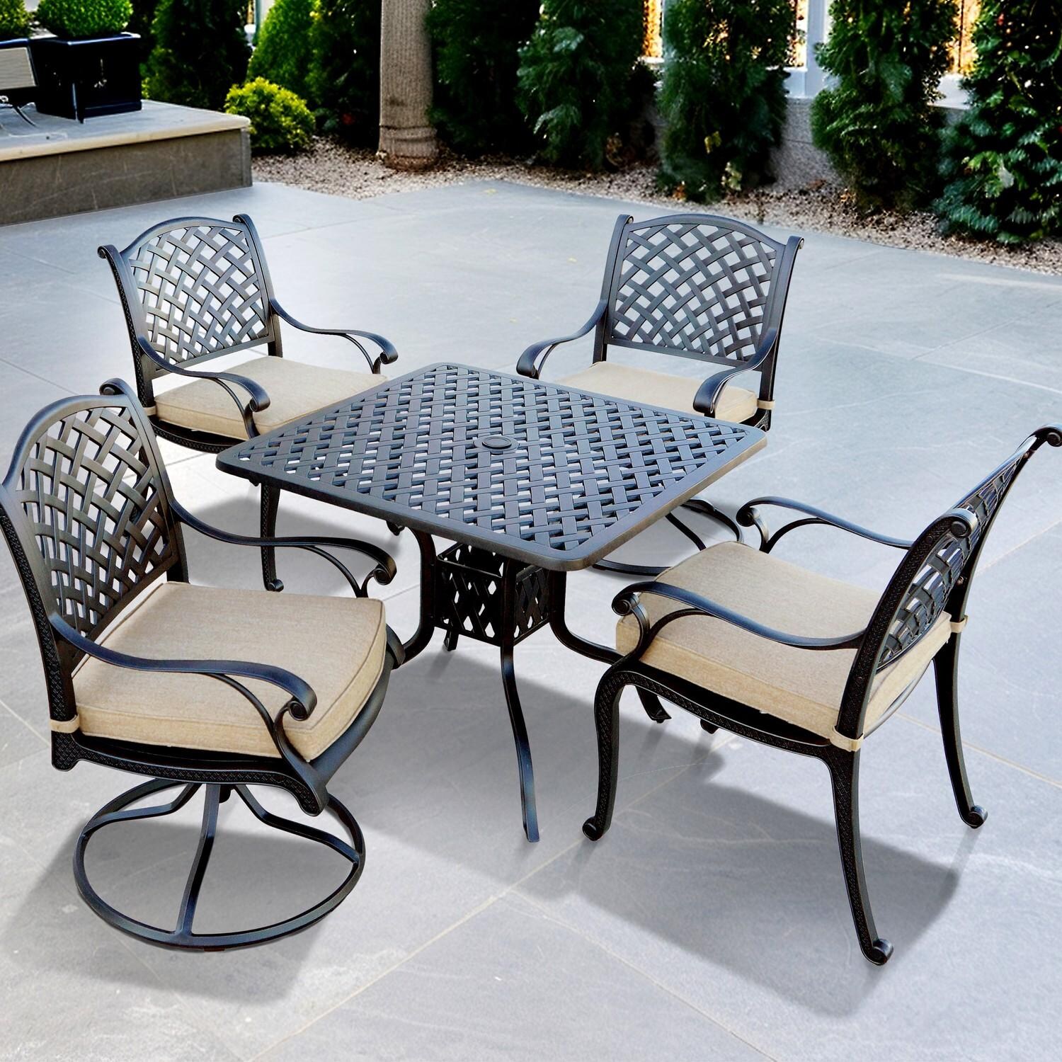 Darlee Nassau 5-Piece Patio Dining Set (with 2 Swivel Rockers) with Beige Canvas Cushions and 36 Inch Square Dining Table - Set - Lifestyle thumbnail