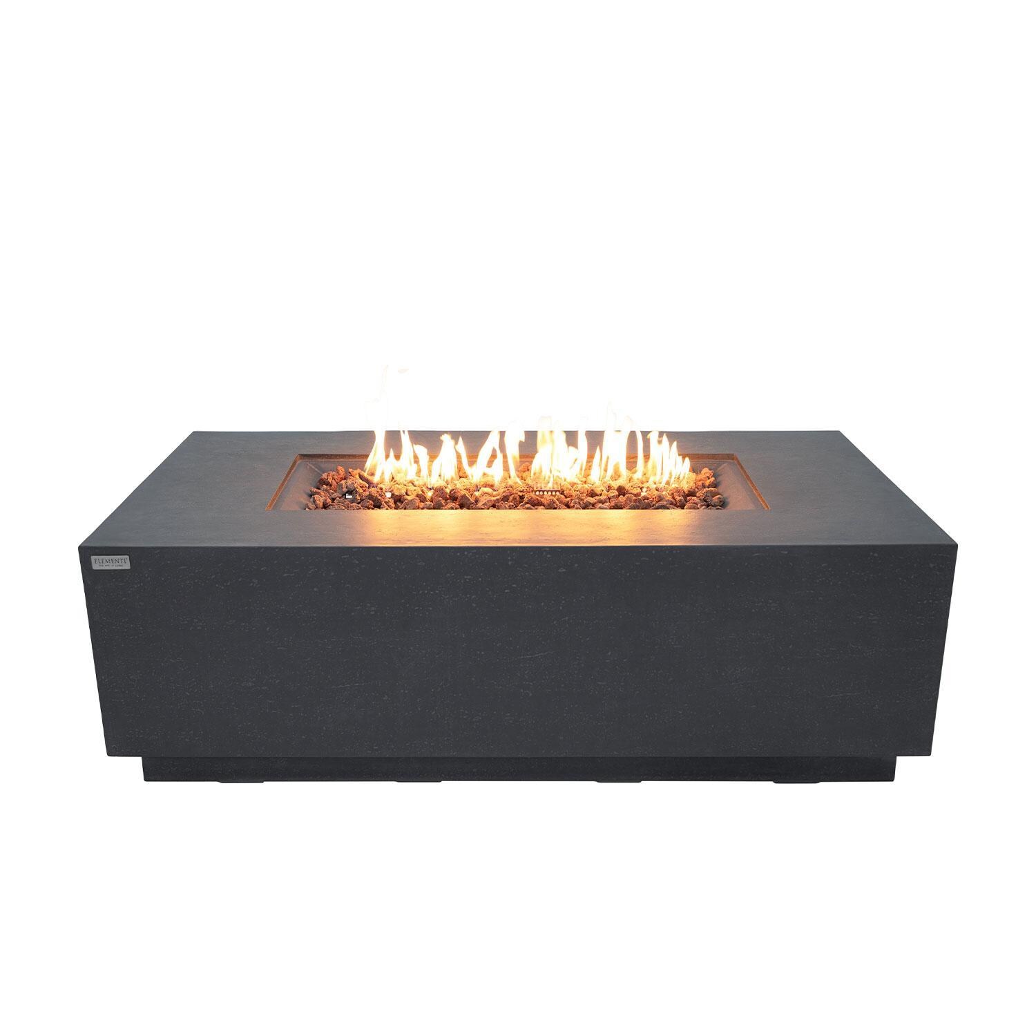 Andes 66 Inch Hidden Tank Rectangle GFRC Concrete Natural Gas Fire Table in Dark Gray By Elementi - Fire Pit On W/ Lava Rocks Inserted - Front View - White Background thumbnail