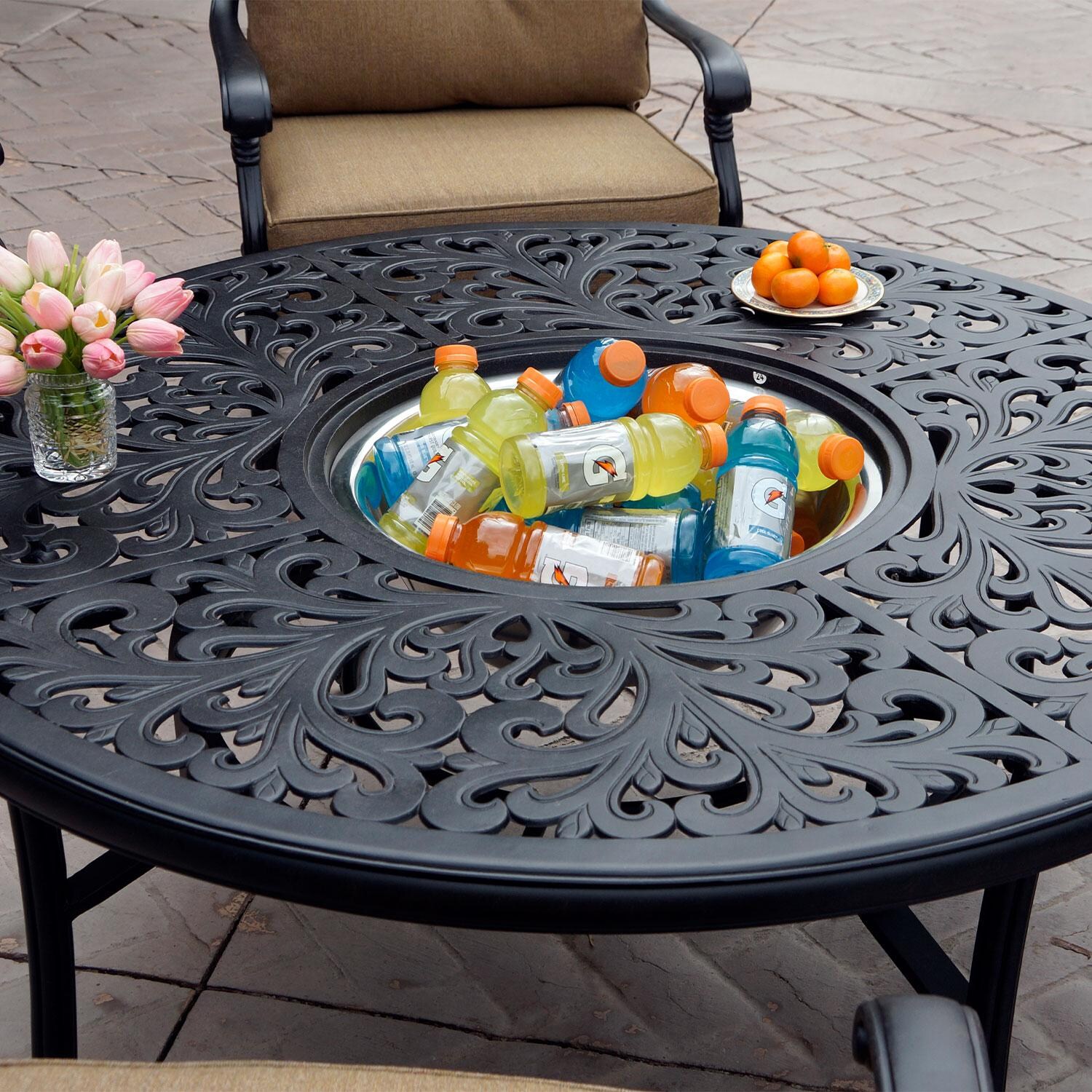 Darlee B/DL2056-5PC-80Q Santa Monica 5 Pc Conversation Set W/ Cushions & 52 Inch Round Ice Bucket Tea Table - Beverages Stored in Ice Bucket - Lifestyle thumbnail