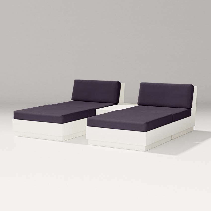 Elevate 5 Pc Recycled Plastic Double Chaise Lounge Seating Set in Vintage White/Navy Linen By PW Designer Series