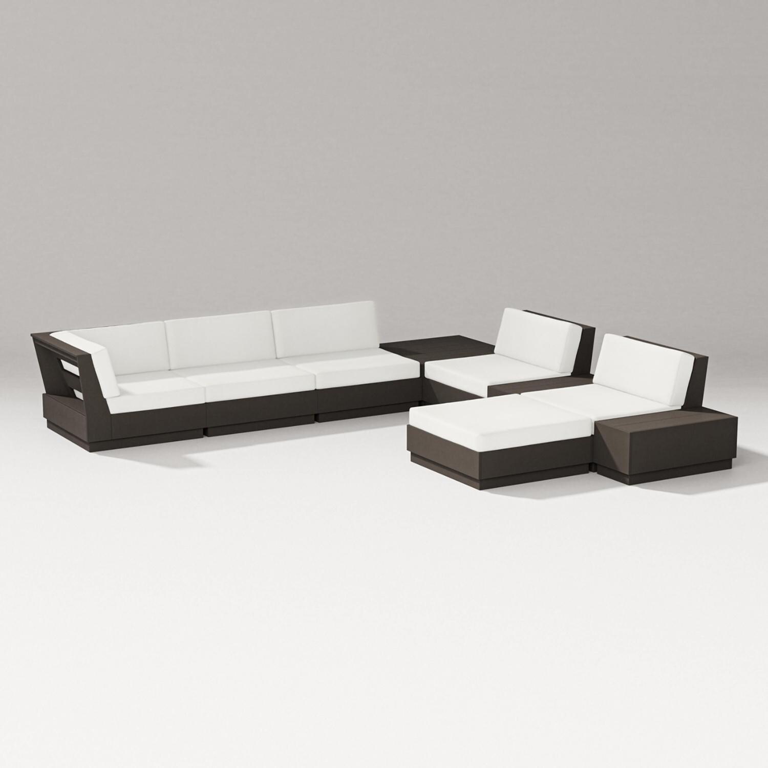 PW Designer Series Elevate 9 Pc Recycled Plastic Sectional Seating Set in Vintage Coffee/Natural Linen - Set - White Background thumbnail