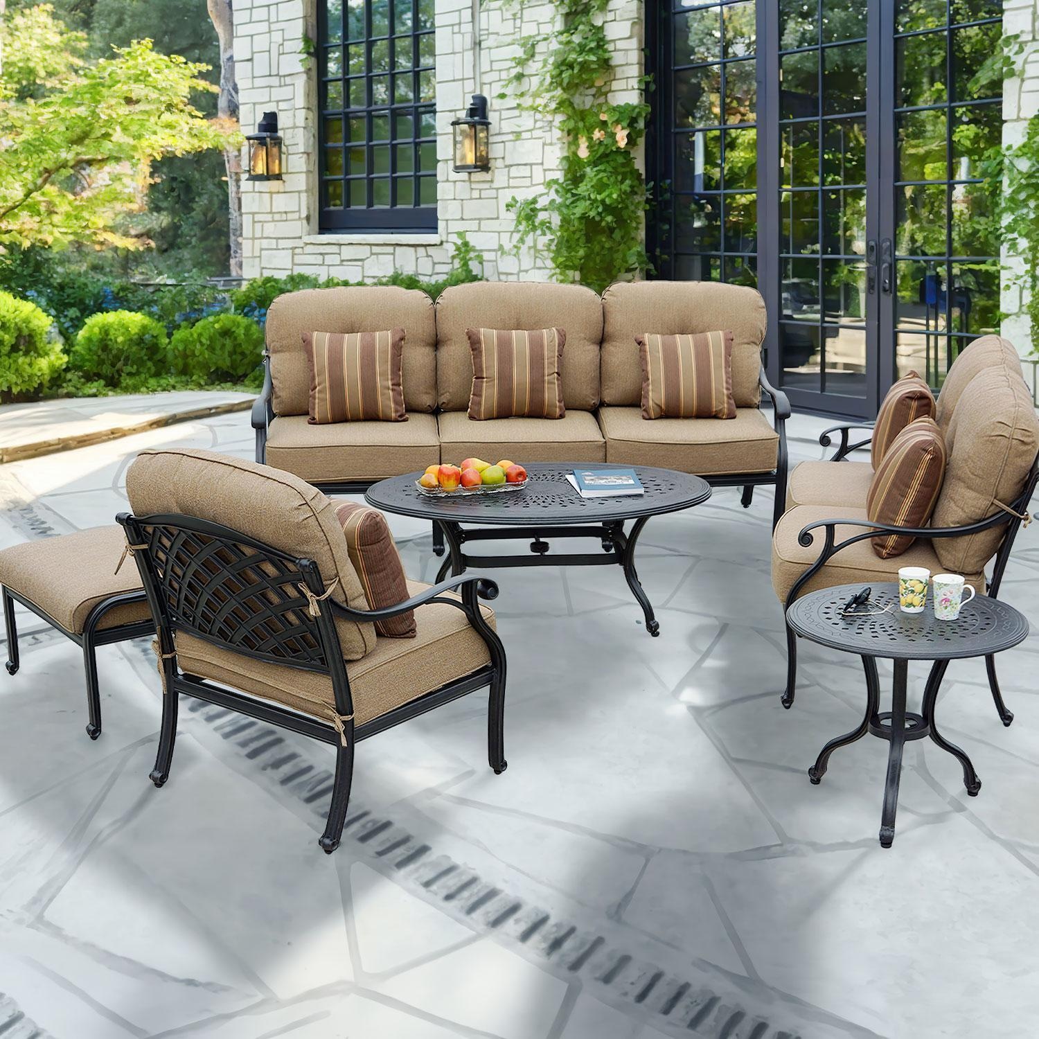 Darlee Nassau 6 Pc Cast Aluminum Seating Set w/ 46 X 31 Inch Oval Table & Throw Pillows in Antique Bronze/Beige Canvas by - B/DL603-6PCD-26RBSP