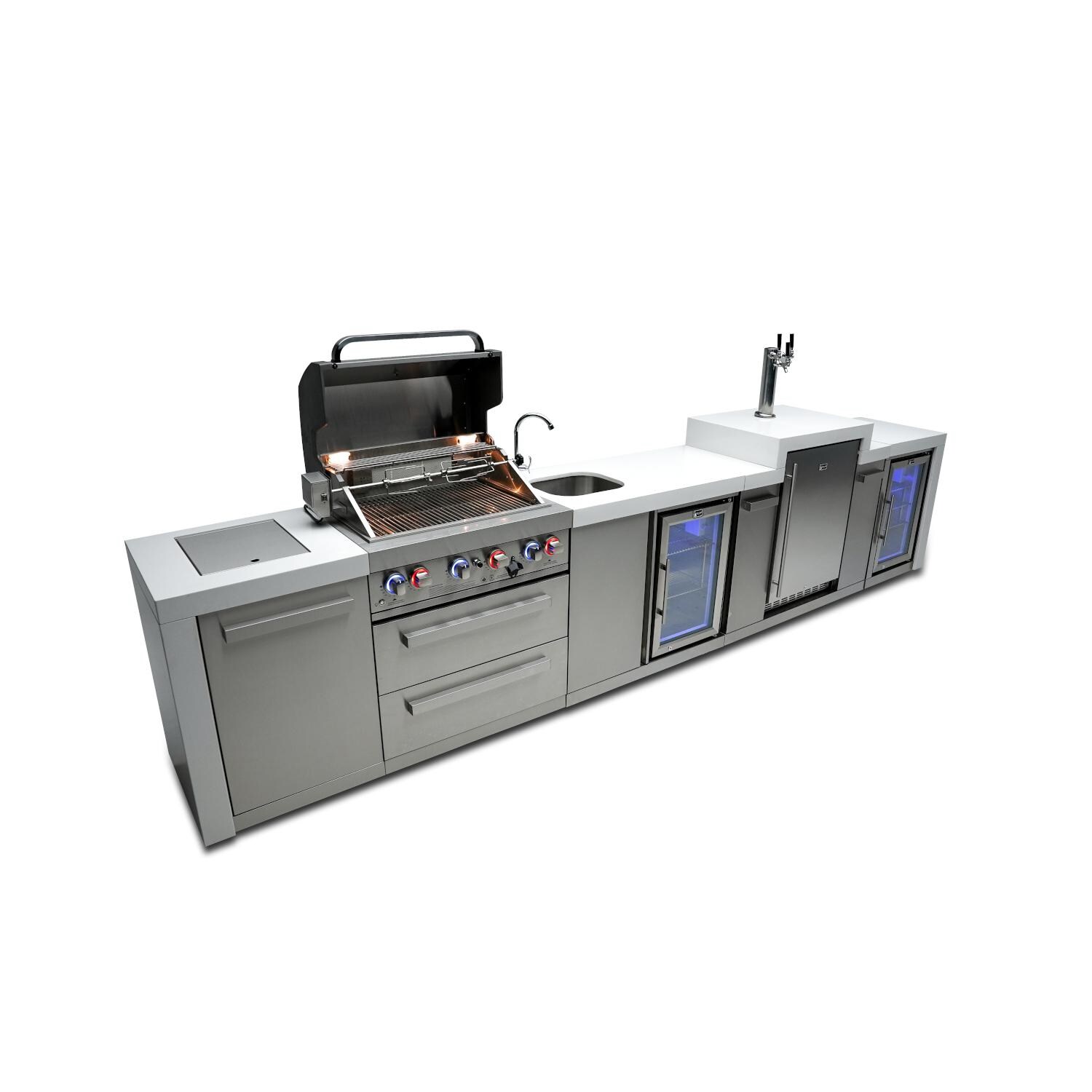 Mont Alpi MAi400-DKEGBEVFC 400 Deluxe Propane Island W/ Kegerator, Beverage Center & Fridge Cabinet - Hood Open thumbnail