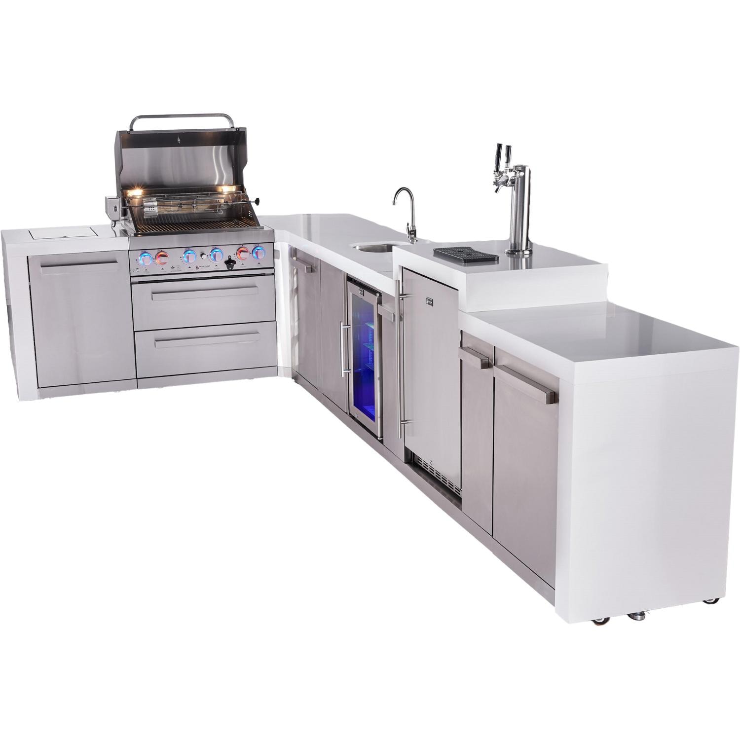 Mont Alpi Deluxe Series 13 1/2 Ft L-Shaped Natural Gas Outdoor Kitchen Island w/ 32-in Grill, Side Burner, Beverage Center, Kegerator & Extra Door (Ships Propane w/ Conversion Kit) - Grill Open - White Background thumbnail