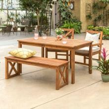 Crosswinds 4 Piece Acacia Patio Dining Set W/ 60 X 34 Inch Rectangular Table & Natural Cushions By Walker Edison
