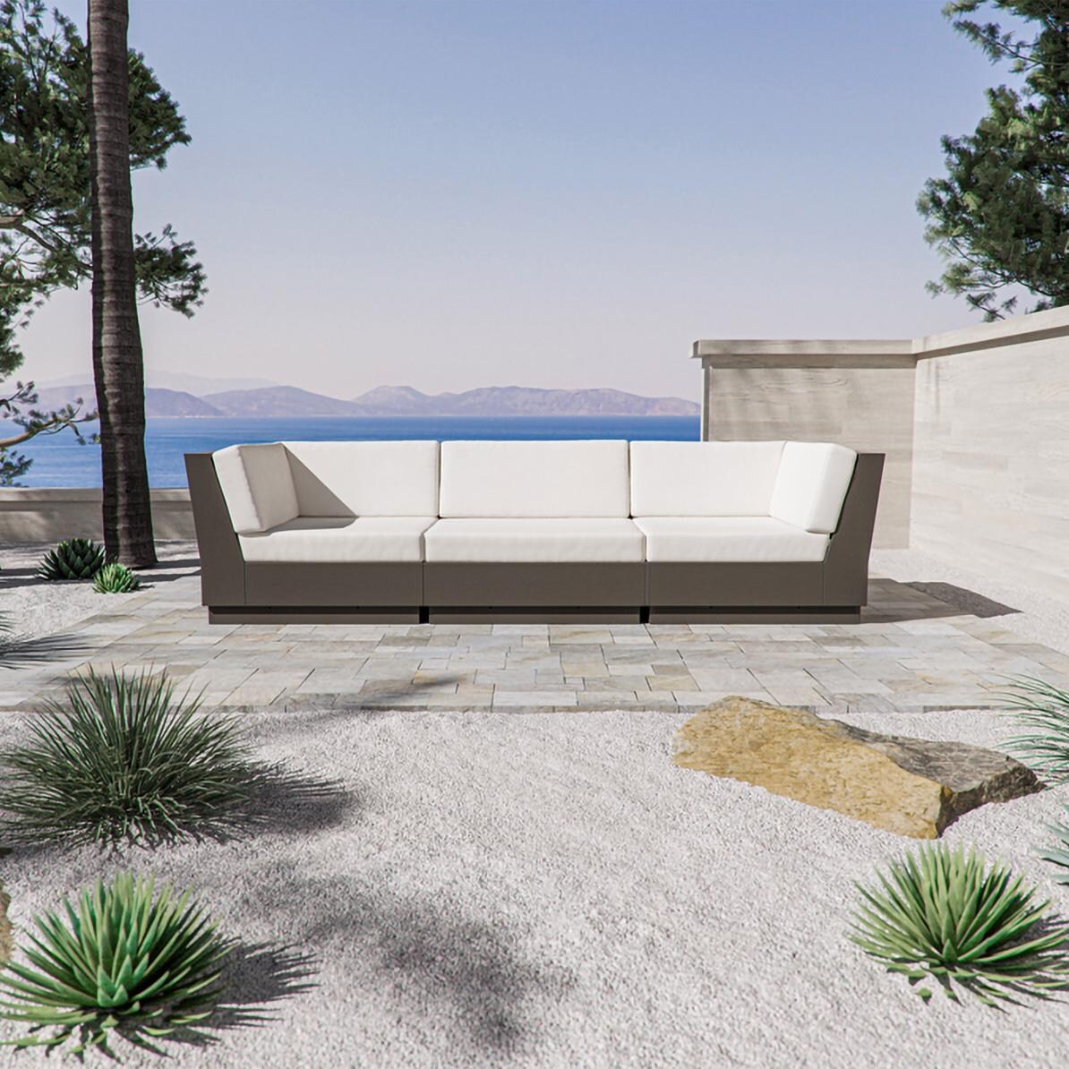 Elevate 3 Person Recycled Plastic Sectional Sofa in Vintage White/Navy Linen By PW Designer Series - On the Patio (Shown in Vintage Coffee/Dune Burlap) - Lifestyle thumbnail