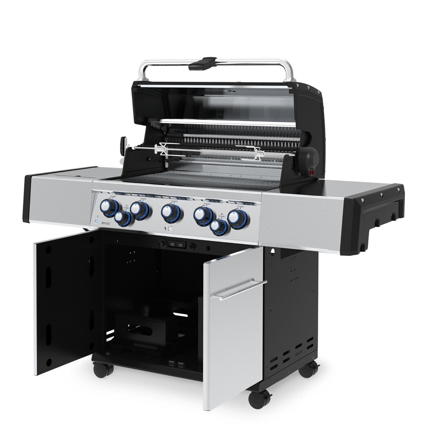 Broil King 958944 Regal S 590 PRO IR 5-Burner Propane Gas Grill With Rotisserie & Infrared Side Burner - Stainless Steel - Cabinet Open - White Background thumbnail