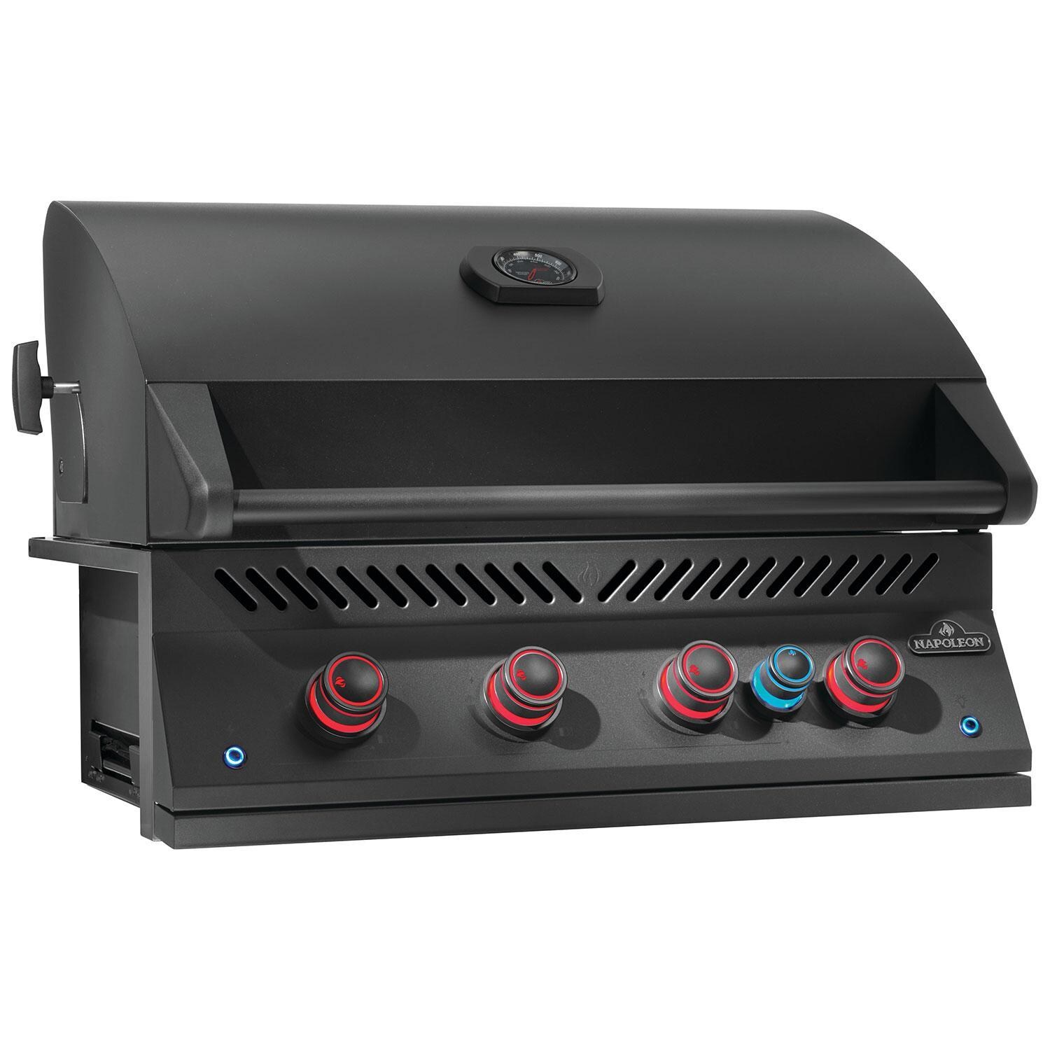 Napoleon BIG32RBPMK-1 700 Series 32-in Built-In Propane Grill w/ Rotisserie & Infrared Rear Burner - Matte Black - Lid Closed - LED Red Burner Knobs On - White Background thumbnail