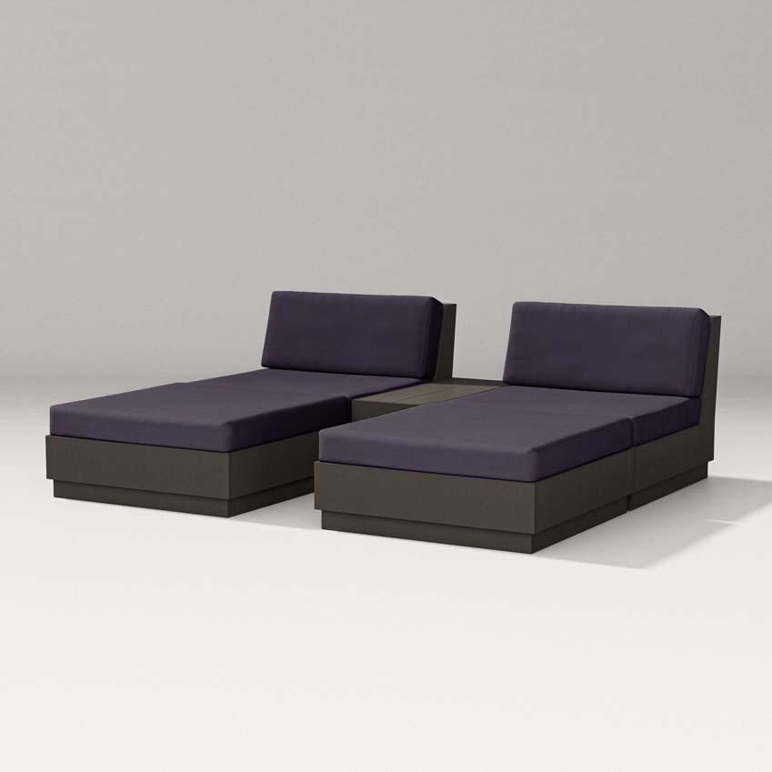 Elevate 5 Pc Recycled Plastic Double Chaise Lounge Seating Set in Vintage Coffee /Navy Linen By PW Designer Series
