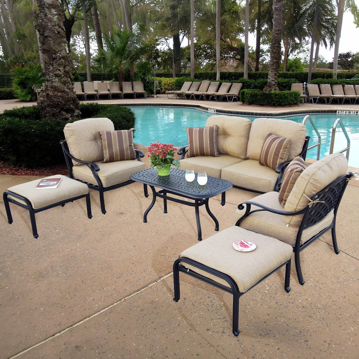 Darlee Nassau 6 Pc Cast Aluminum Seating Set w/ 42 X 21 Inch Series 60 Table & Throw Pillows in Antique Bronze/Beige Canvas by