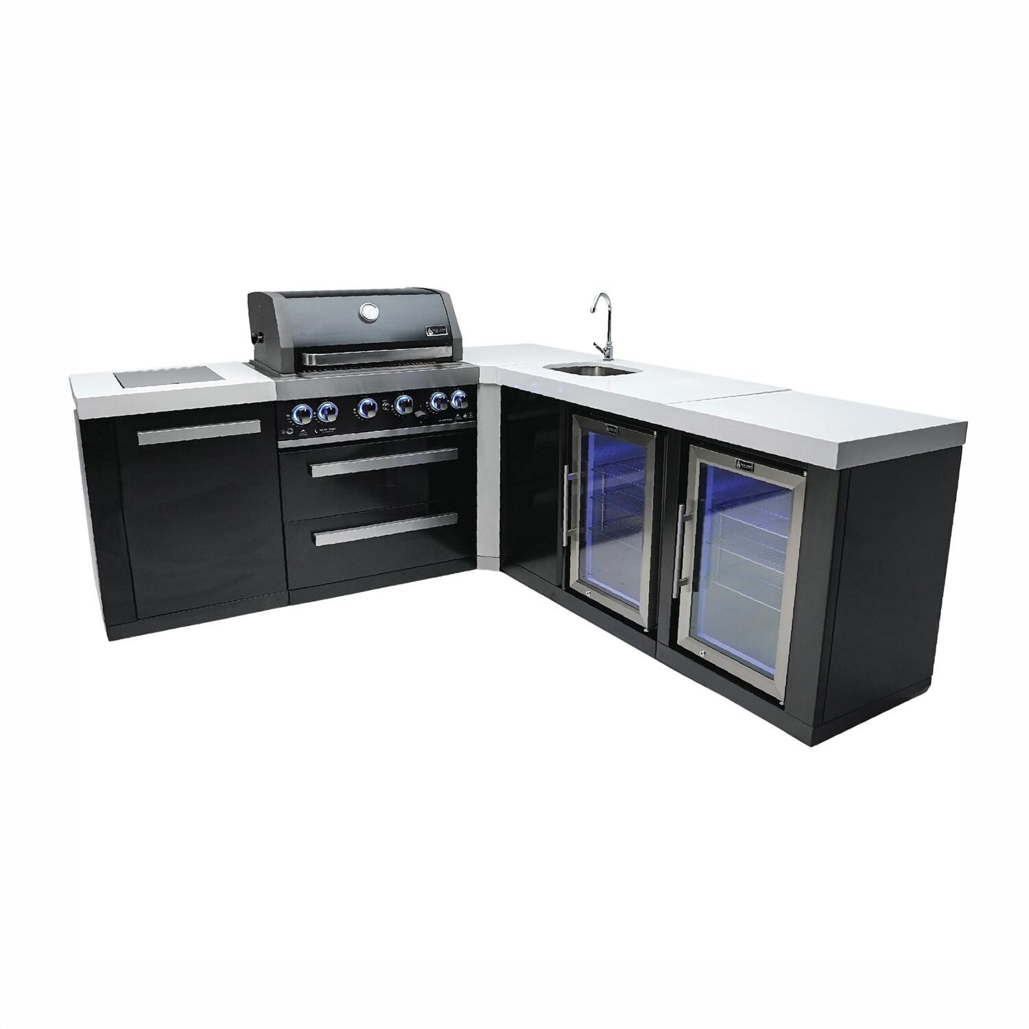 Mont Alpi Black Series 10 1/2 Ft L-Shaped Natural Gas Outdoor Kitchen Island w/ Side Burner, Beverage Center & Fridge (Ships Propane w/ Conversion Kit)