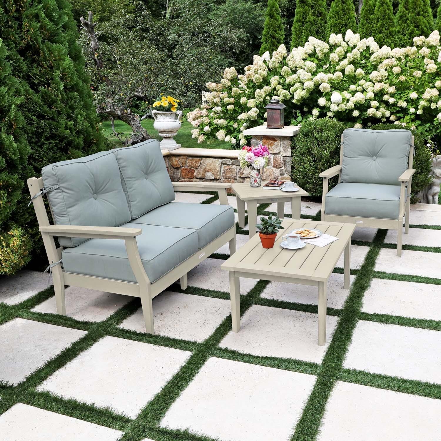Blushing Bay 4 Pc Recycled Plastic Seating Set in Canvas Seasalt/Whitewash by Lakeview Outdoor Designs - Side View - Lifestyle thumbnail