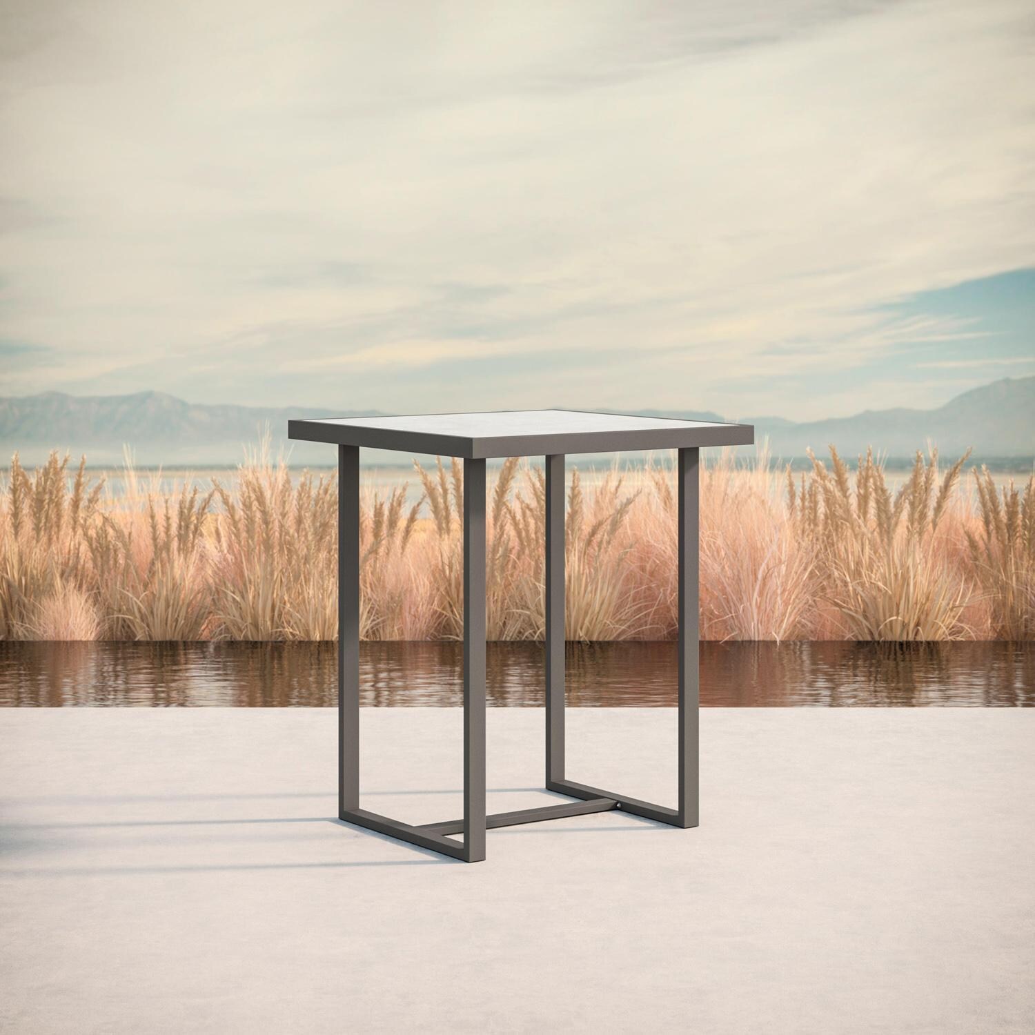 Azzurro Living Pavia 35 Inch Charcoal Aluminum Bar Table W/ Helena Dekton Top - Lifestyle thumbnail