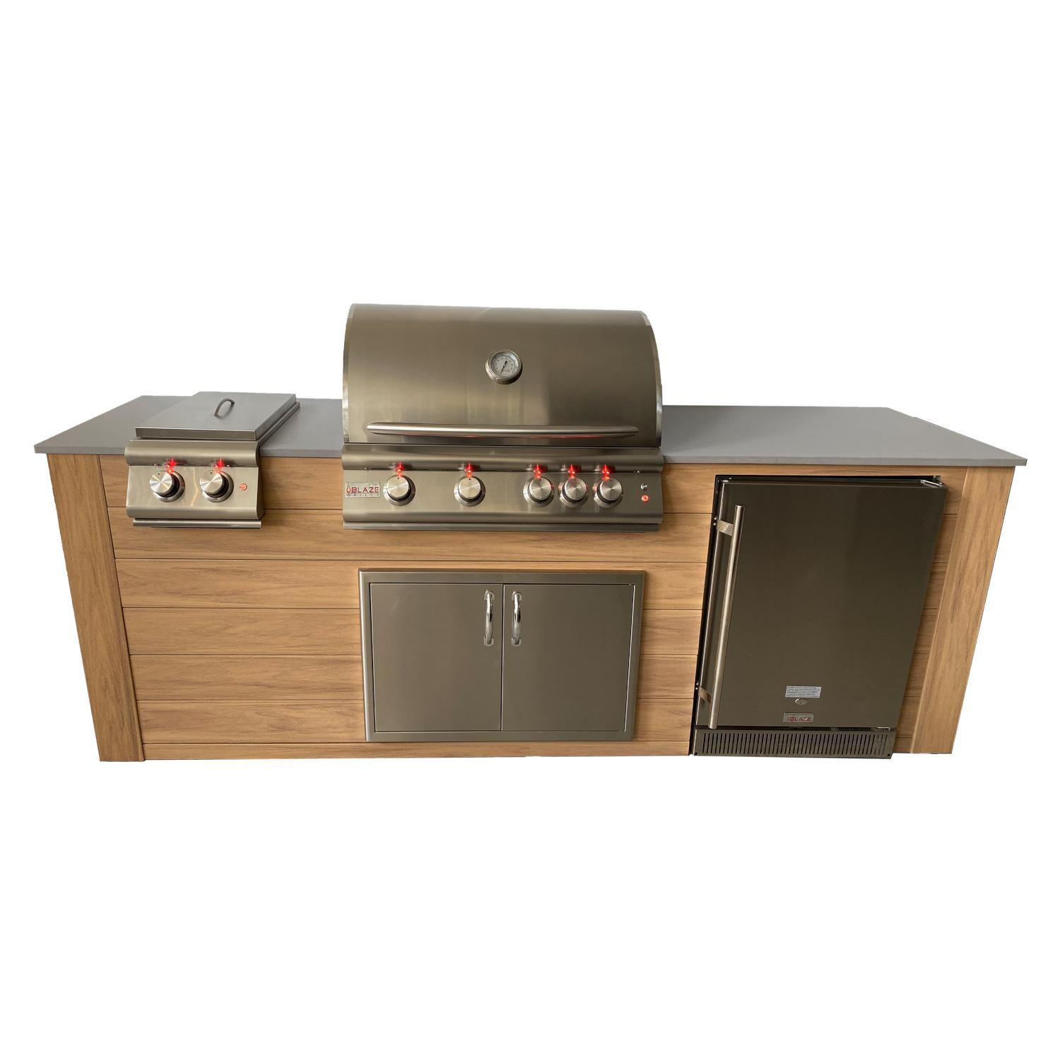 Pro-Fit 8-Foot Outdoor Kitchen Island W/ Blaze Premium LTE 32-Inch Propane Gas Grill, Double Side Burner & Refrigerator - Golden Cypress / Grigio Cemento Satin image