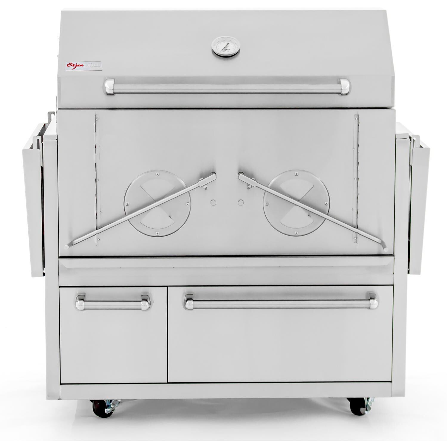 Cajun Grill Preaux 36-Inch Freestanding Charcoal Grill - Front View Shelves Down thumbnail