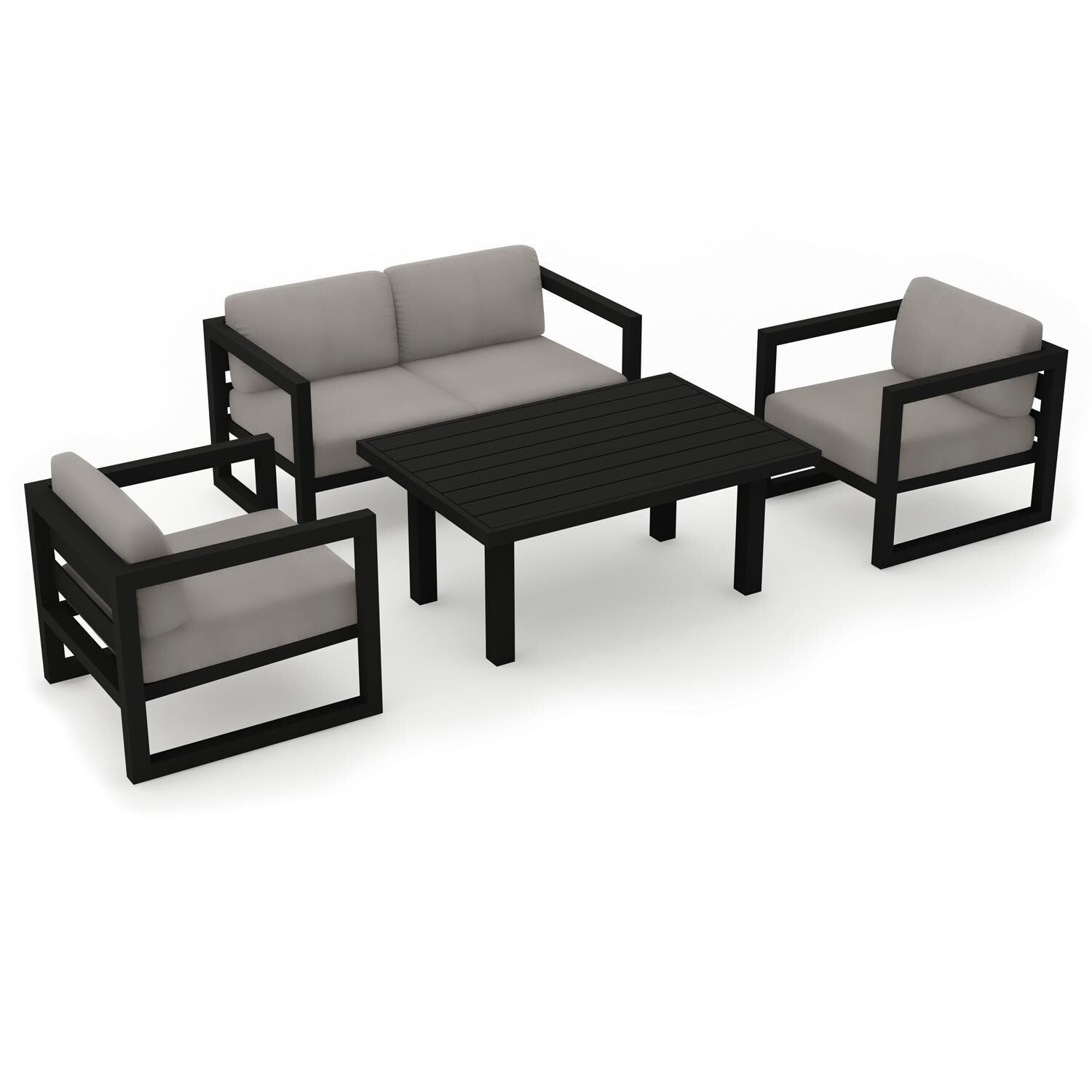 Lakeview MSTYCV-BK-SET114-CC Misty Cove 4 Pc Aluminum Seating Set in Black w/Chat Table & Canvas Charcoal Cushions by Lakeview Outdoor Designs - Set Angled View - White Background thumbnail