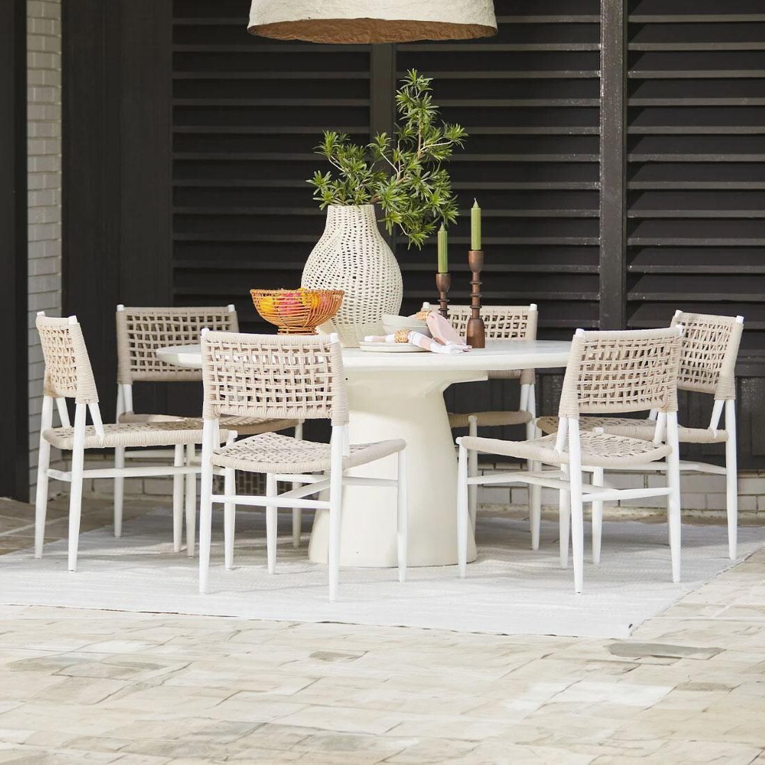 Sunset West - 6203-BRDT63 - Bazaar 63-Inch Round GFRC Patio Pedestal Dining Table - Bone - On Patio - Lifestyle thumbnail